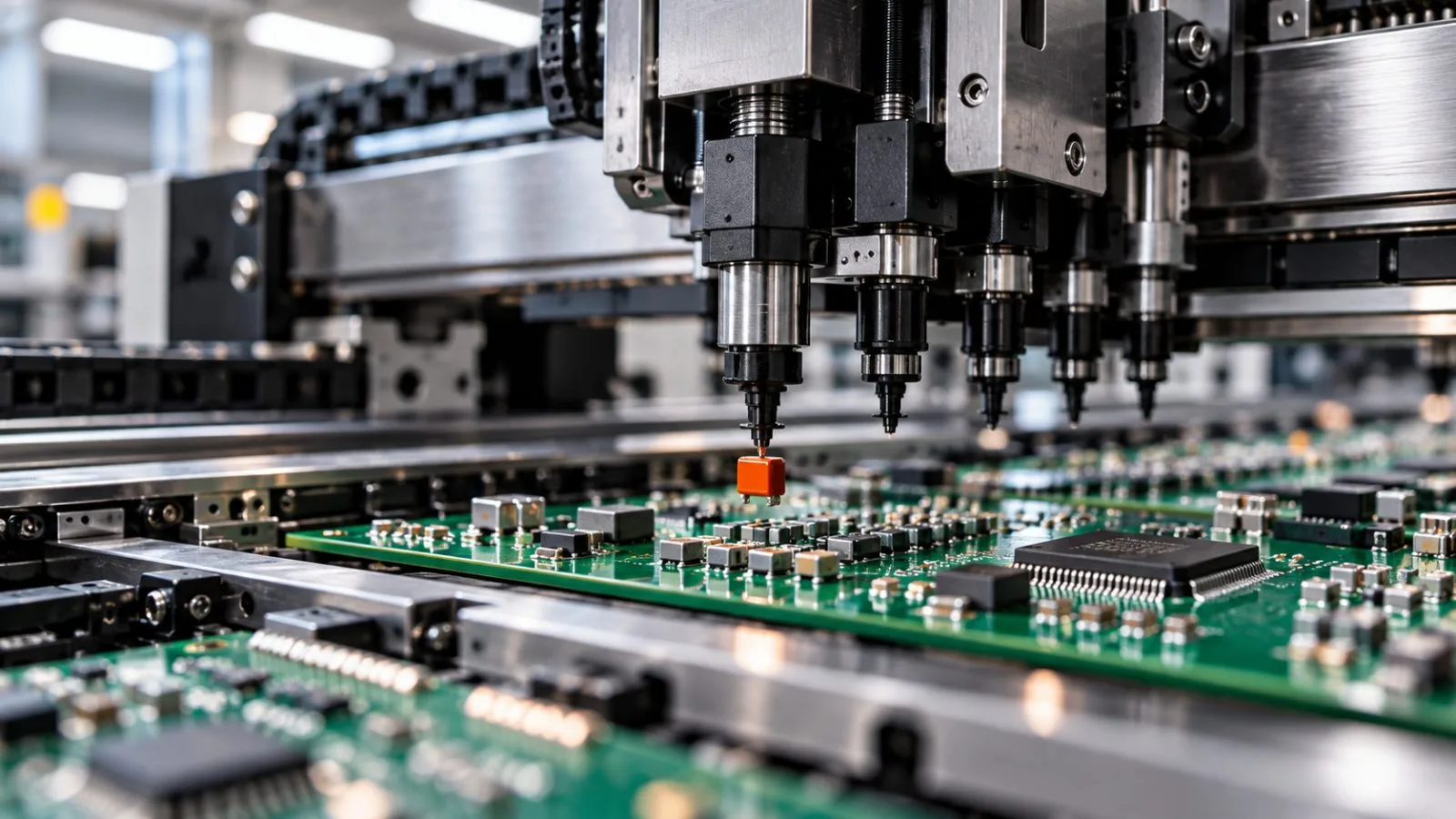 Circuit boards pass beneath a precision assembly head / TokenPost.ai