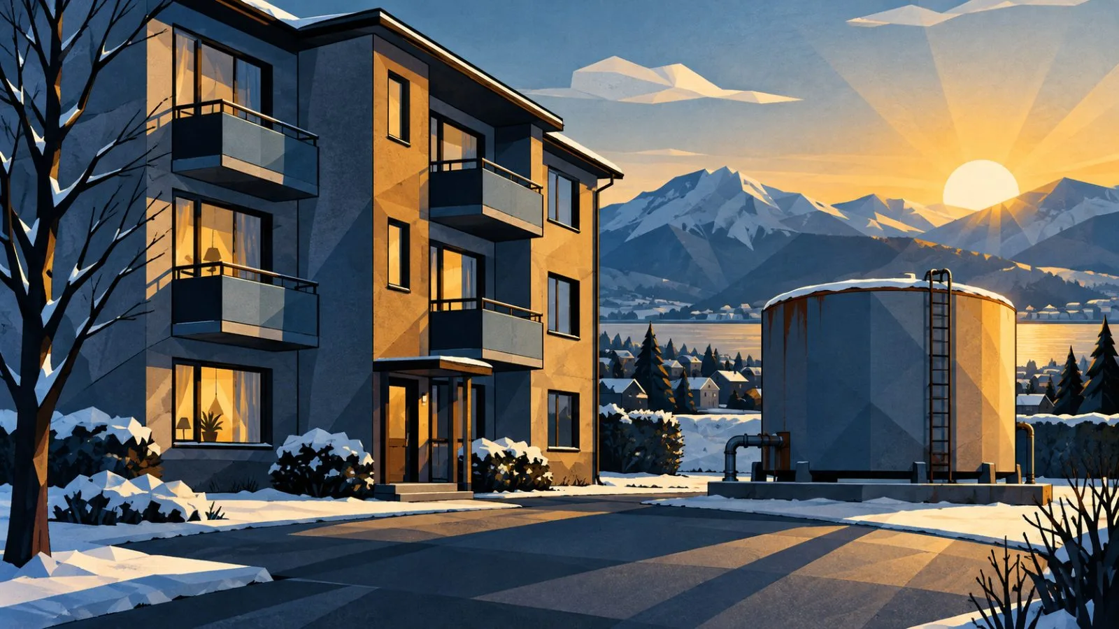 Apartment buildings stand beside an oil storage tank at dawn / TokenPost.ai