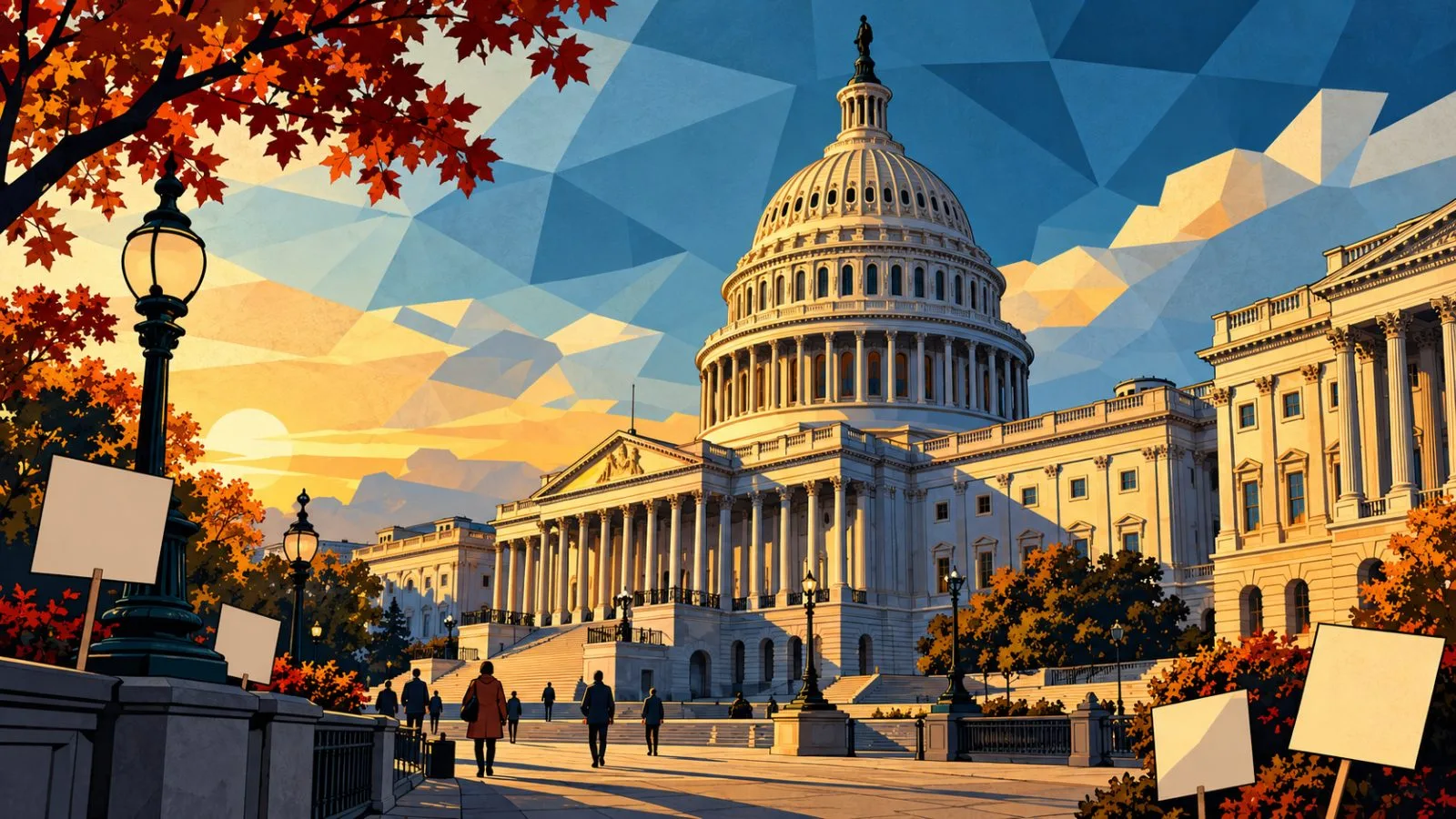 U.S. Capitol framed by blank campaign placards at dusk / TokenPost.ai