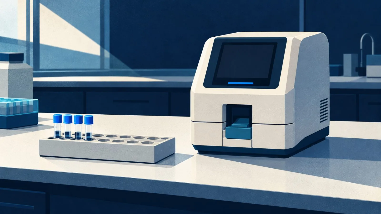 A diagnostic device rests beside a sample tray with empty slots / TokenPost.ai