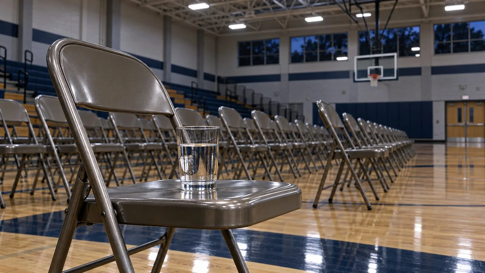A glass of water rests beside empty chairs in a school gym / TokenPost.ai