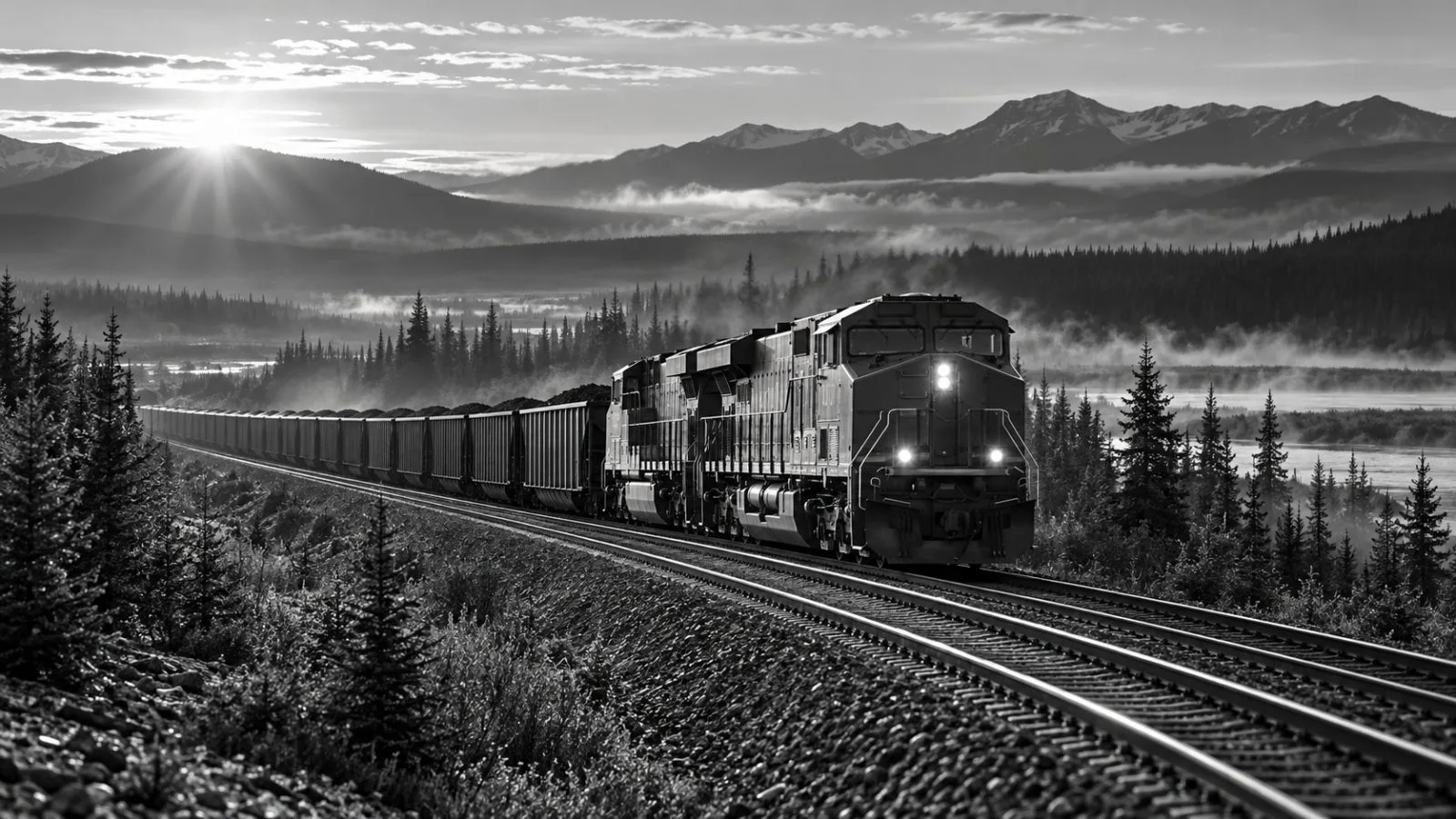 A freight locomotive pulls loaded railcars along a wooded corridor / TokenPost.ai