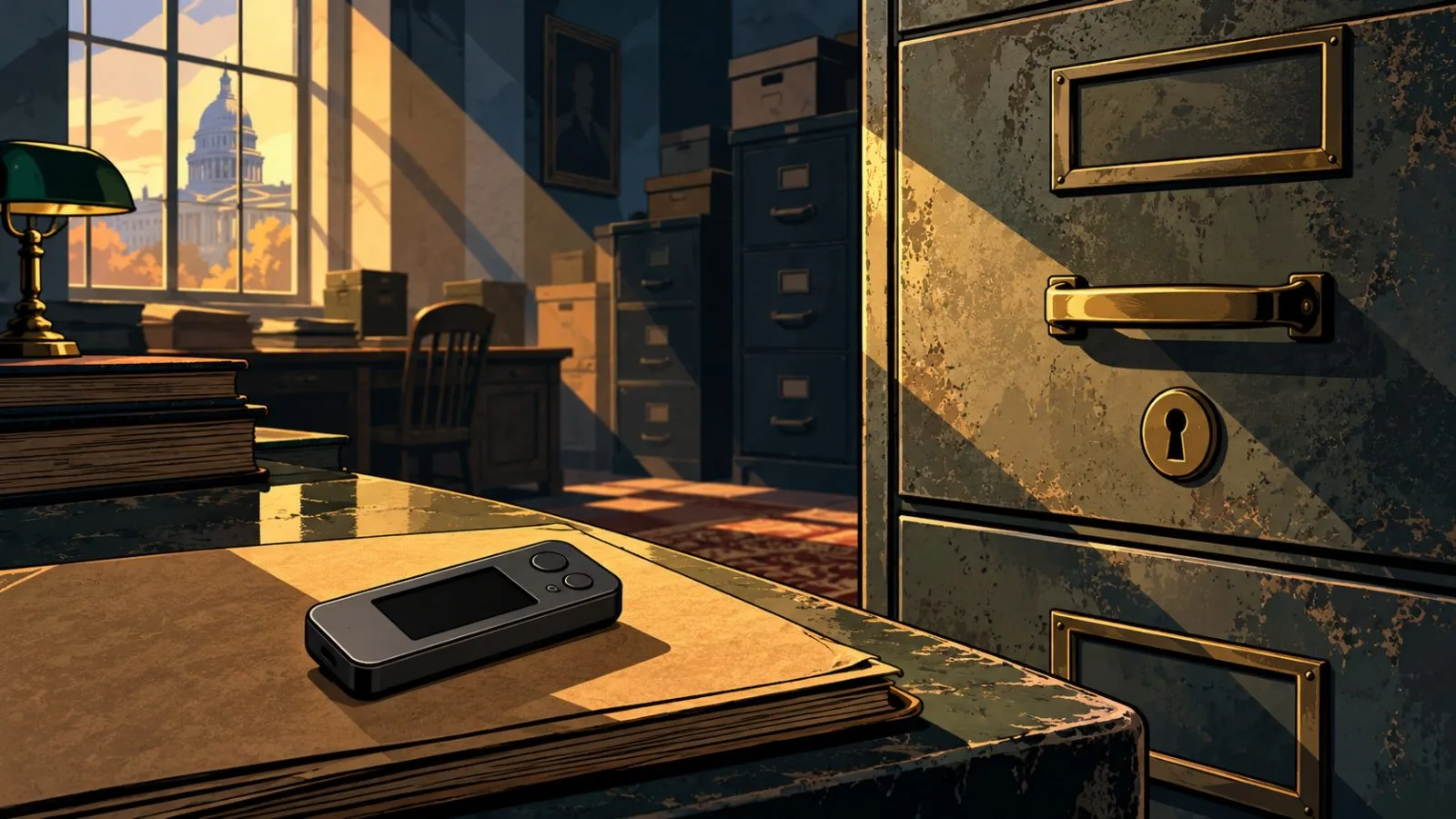 Hardware wallet beside a locked metal records cabinet / TokenPost.ai