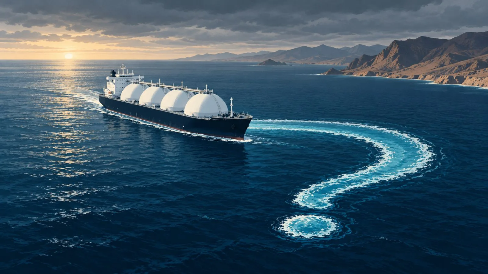 An LNG tanker crosses open water beneath a pale dawn sky / TokenPost.ai