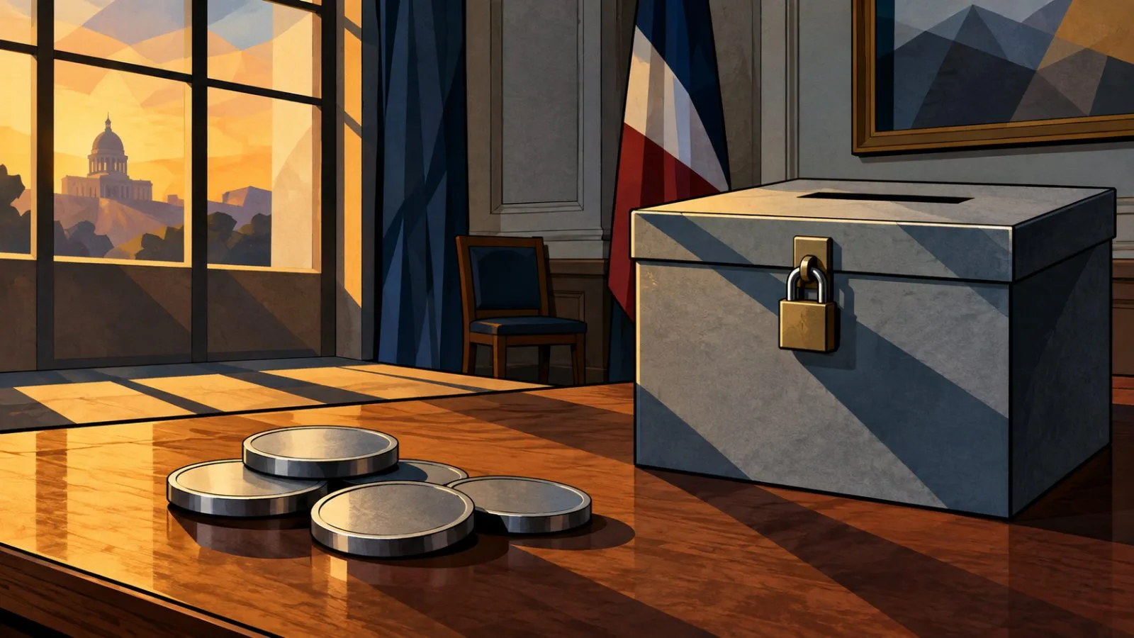 Unmarked tokens beside a sealed ballot box in low light / TokenPost.ai