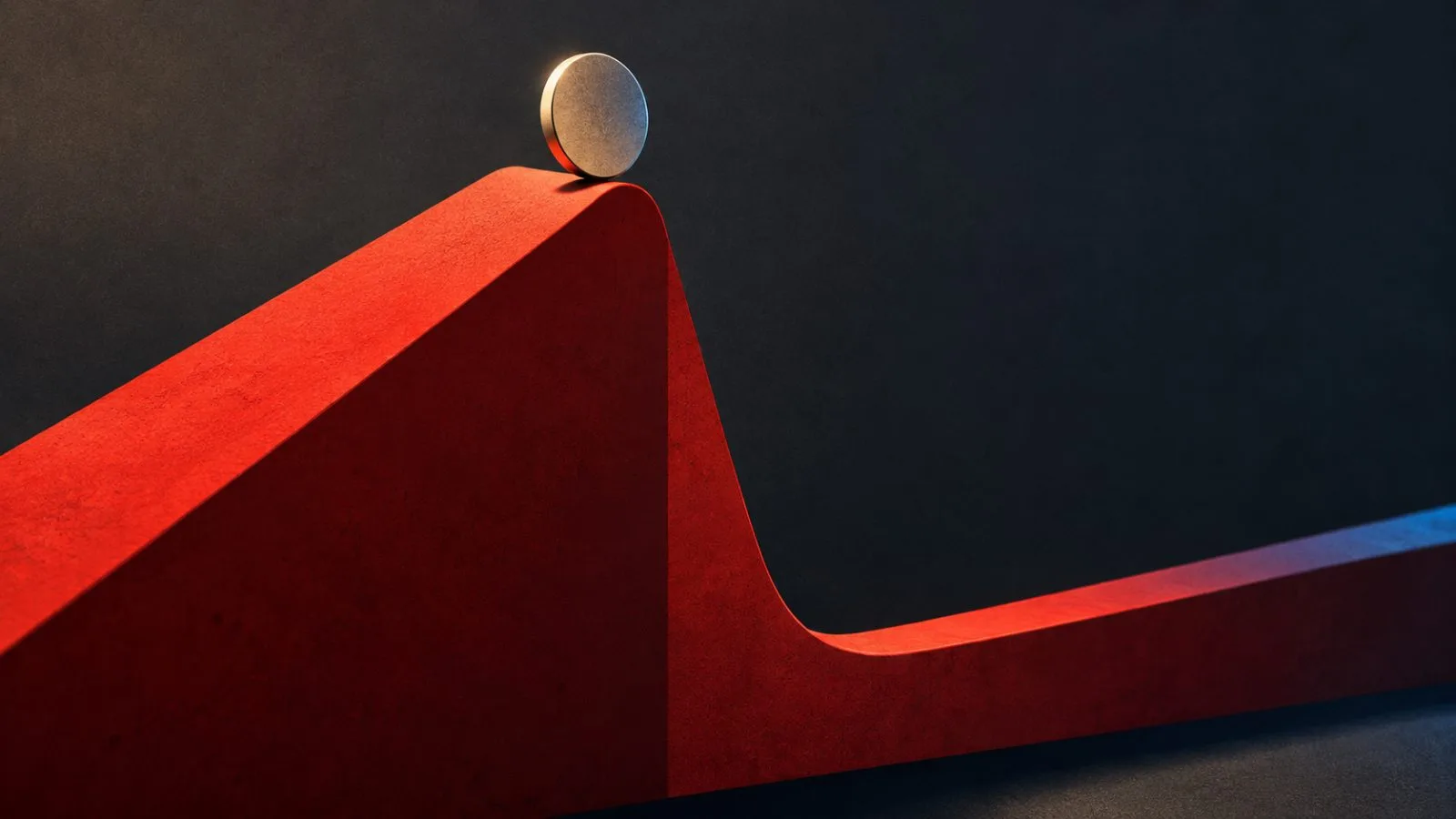 An unmarked metal token rests atop a steep red ramp. / TokenPost.ai