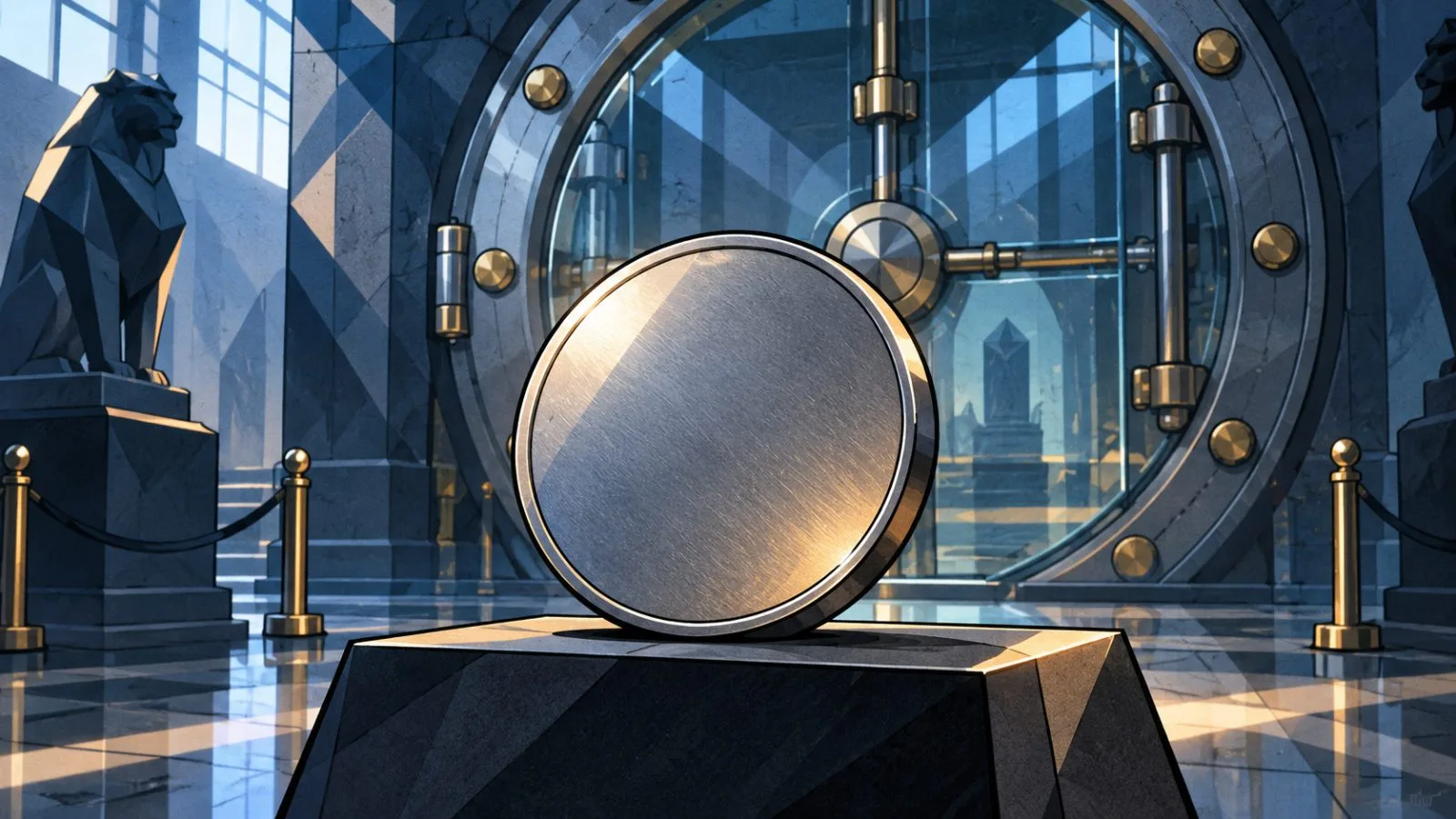 A plain metal token rests before a sealed glass vault door / TokenPost.ai