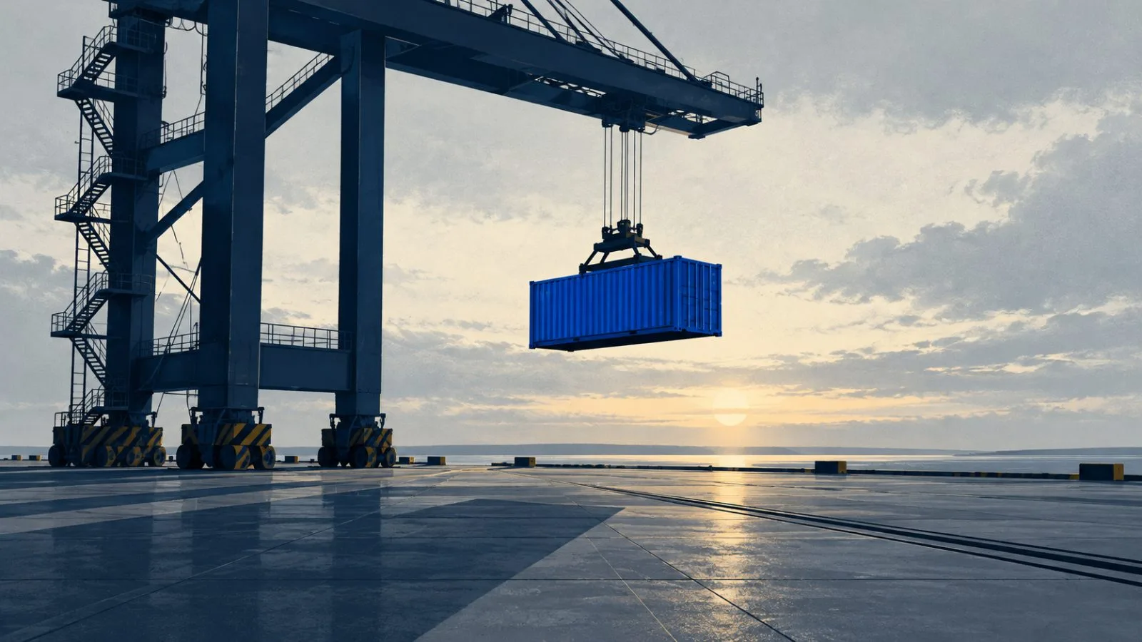 A shipping container hangs above an empty import terminal. / TokenPost.ai