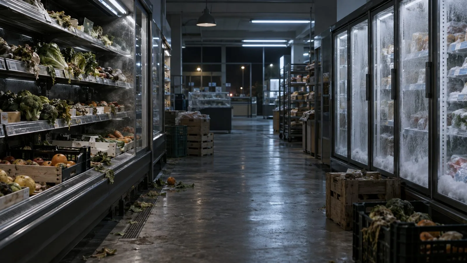 Open supermarket refrigerators line a dimly lit empty aisle / TokenPost.ai