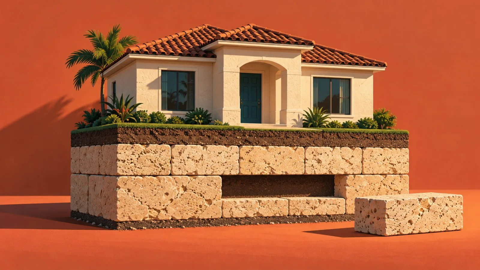A model house sits above a cutaway foundation of limestone tiers / TokenPost.ai