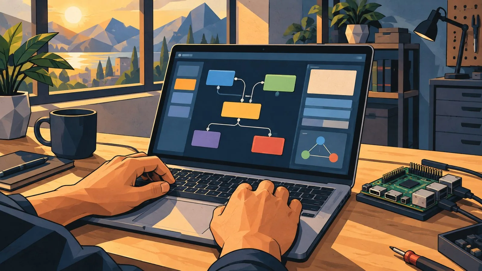 Laptop displaying a simple transaction builder beside a development board / TokenPost.ai