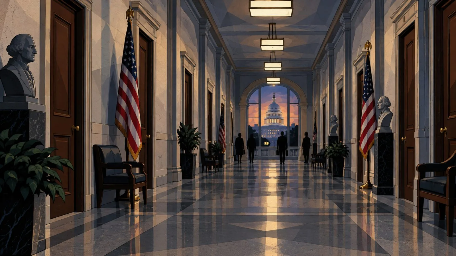 Empty congressional corridor with soft evening light and passing silhouettes / TokenPost.ai