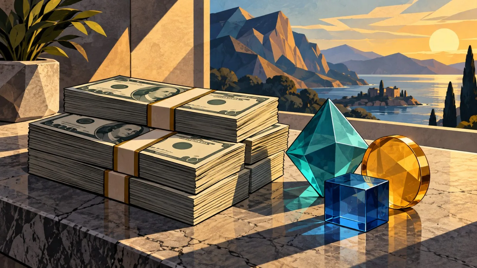 Treasury bills and translucent tokens arranged on a stone surface / TokenPost.ai