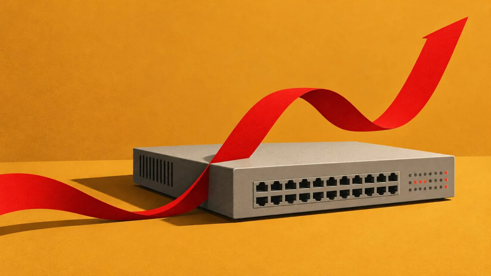 A red ribbon dips beside an unmarked network switch. / TokenPost.ai