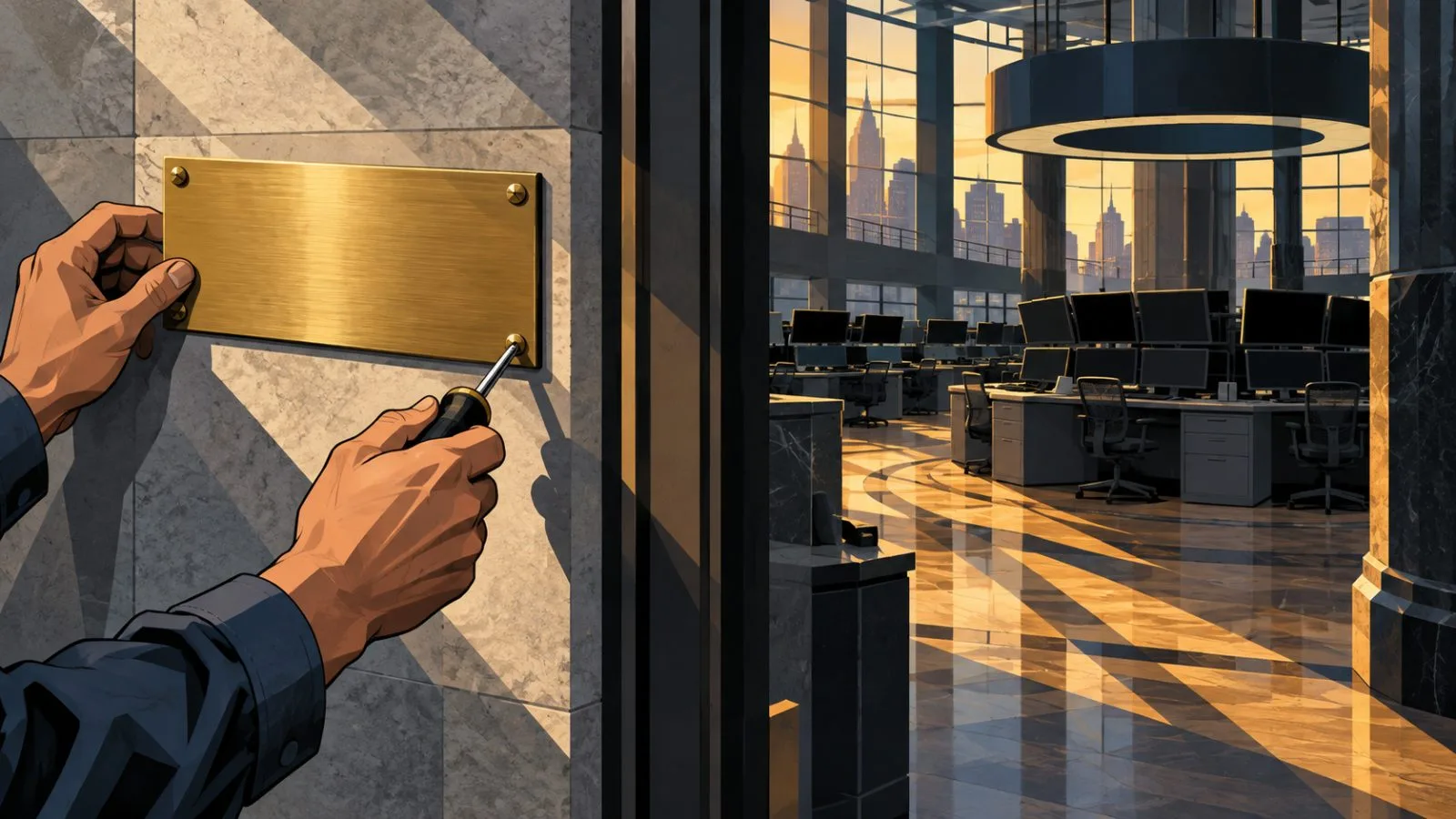 A blank brass nameplate beside a quiet exchange entrance / TokenPost.ai