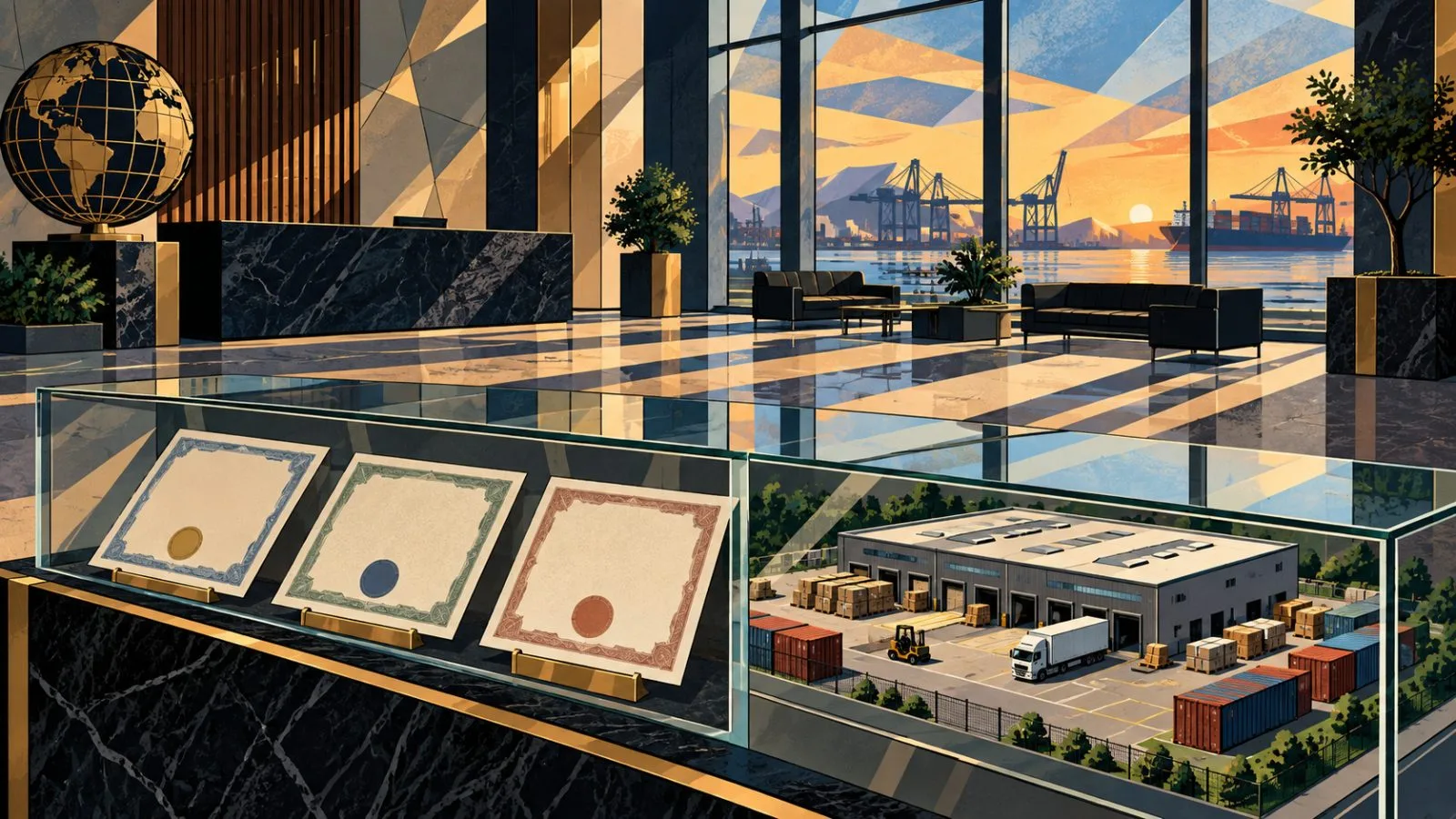 Sealed credit certificates displayed beside a miniature logistics warehouse / TokenPost.ai
