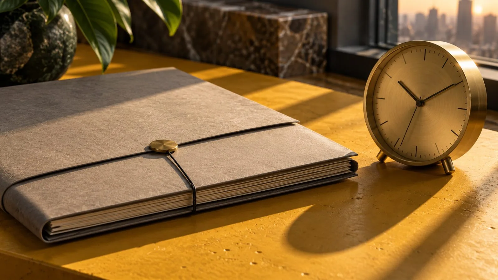 A sealed folio sits beside a brass clock on an ochre plinth / TokenPost.ai