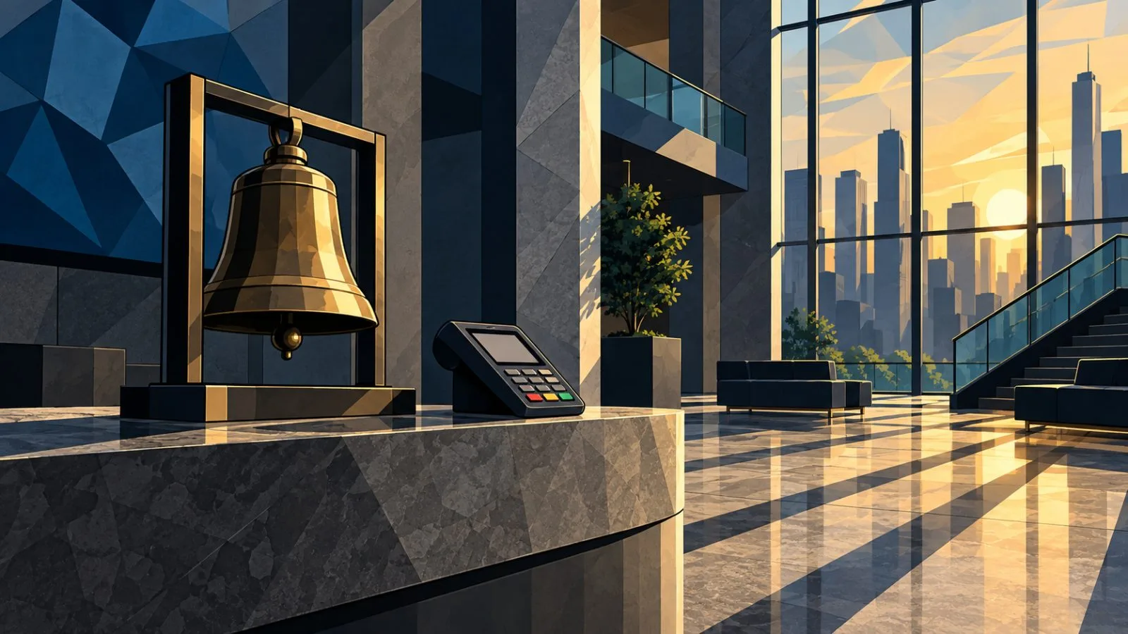 Empty exchange lobby with glass doors and brass turnstiles / TokenPost.ai