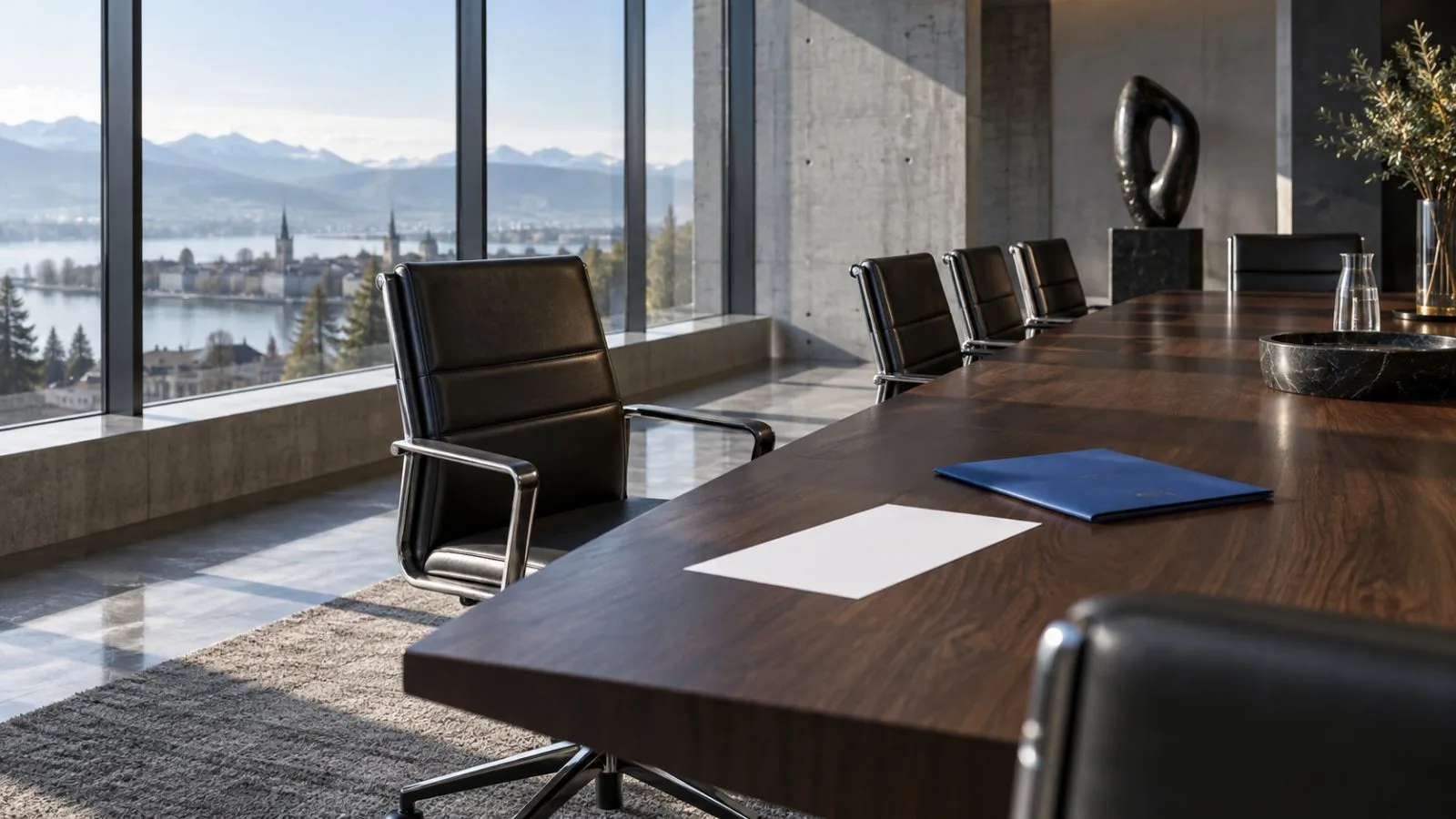 One chair pulled forward beside a long council table / TokenPost.ai