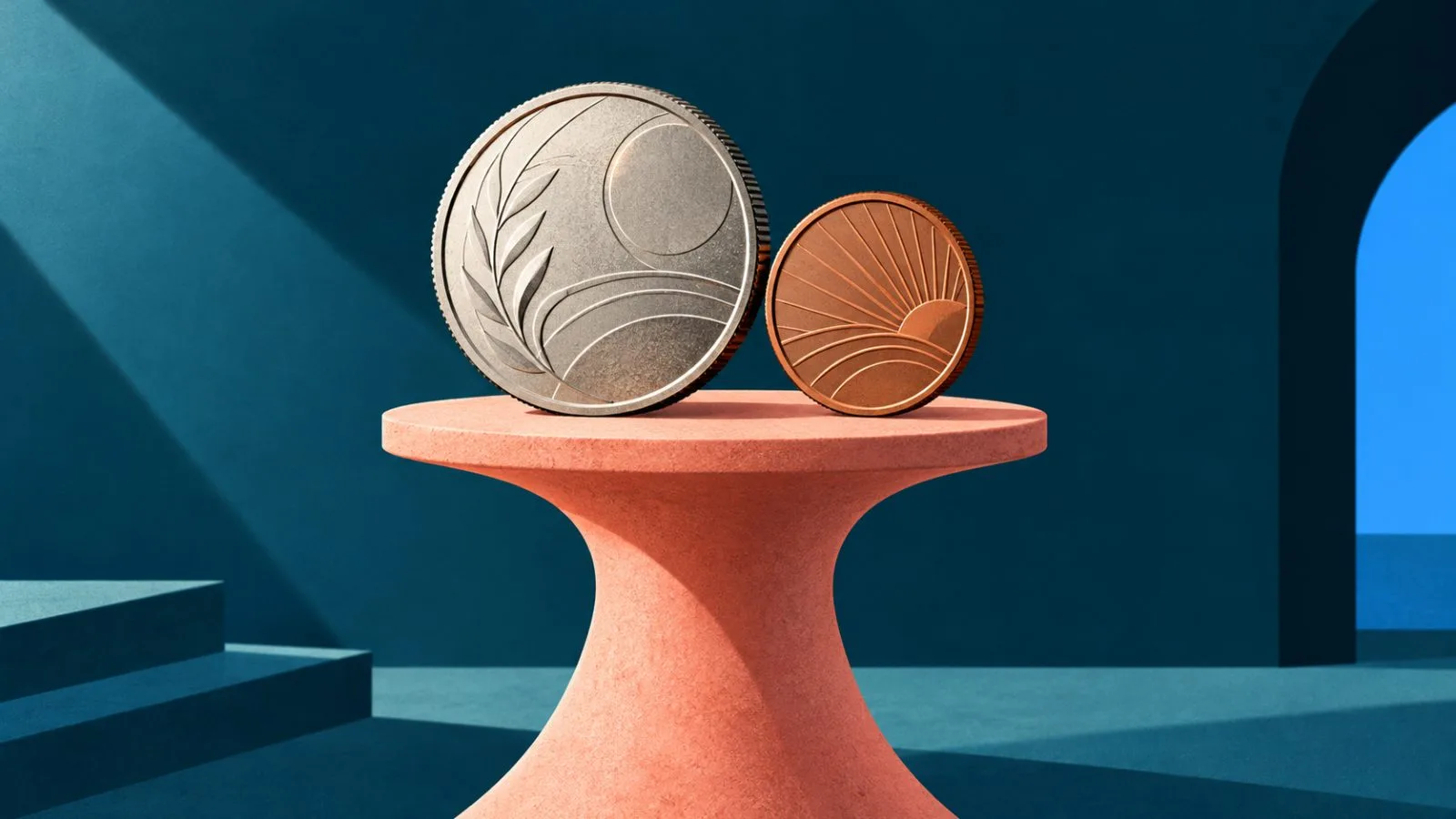 A quarter and penny rest on a pale coral plinth / TokenPost.ai