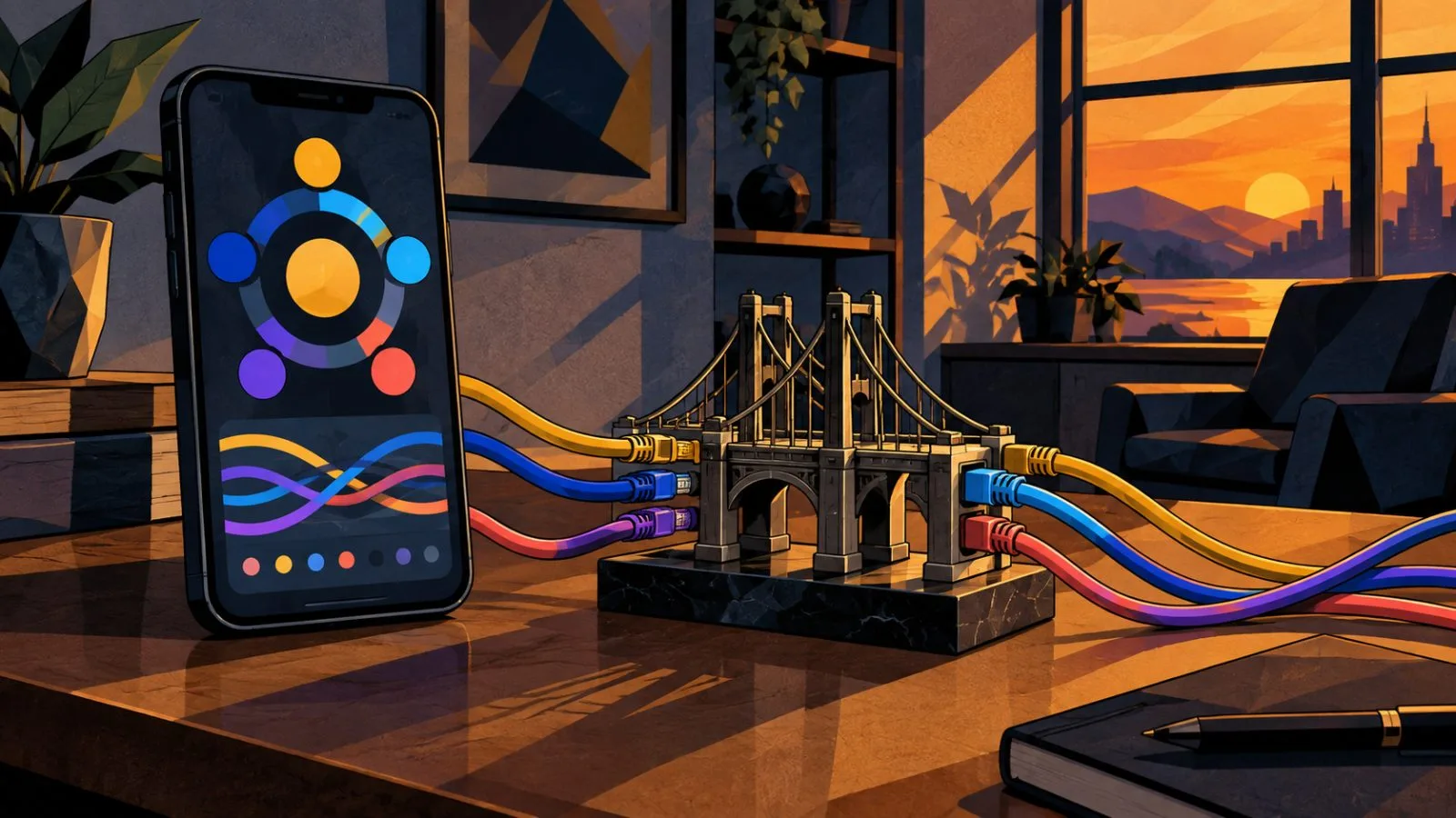A phone beside a small bridge model and colored network cables / TokenPost.ai