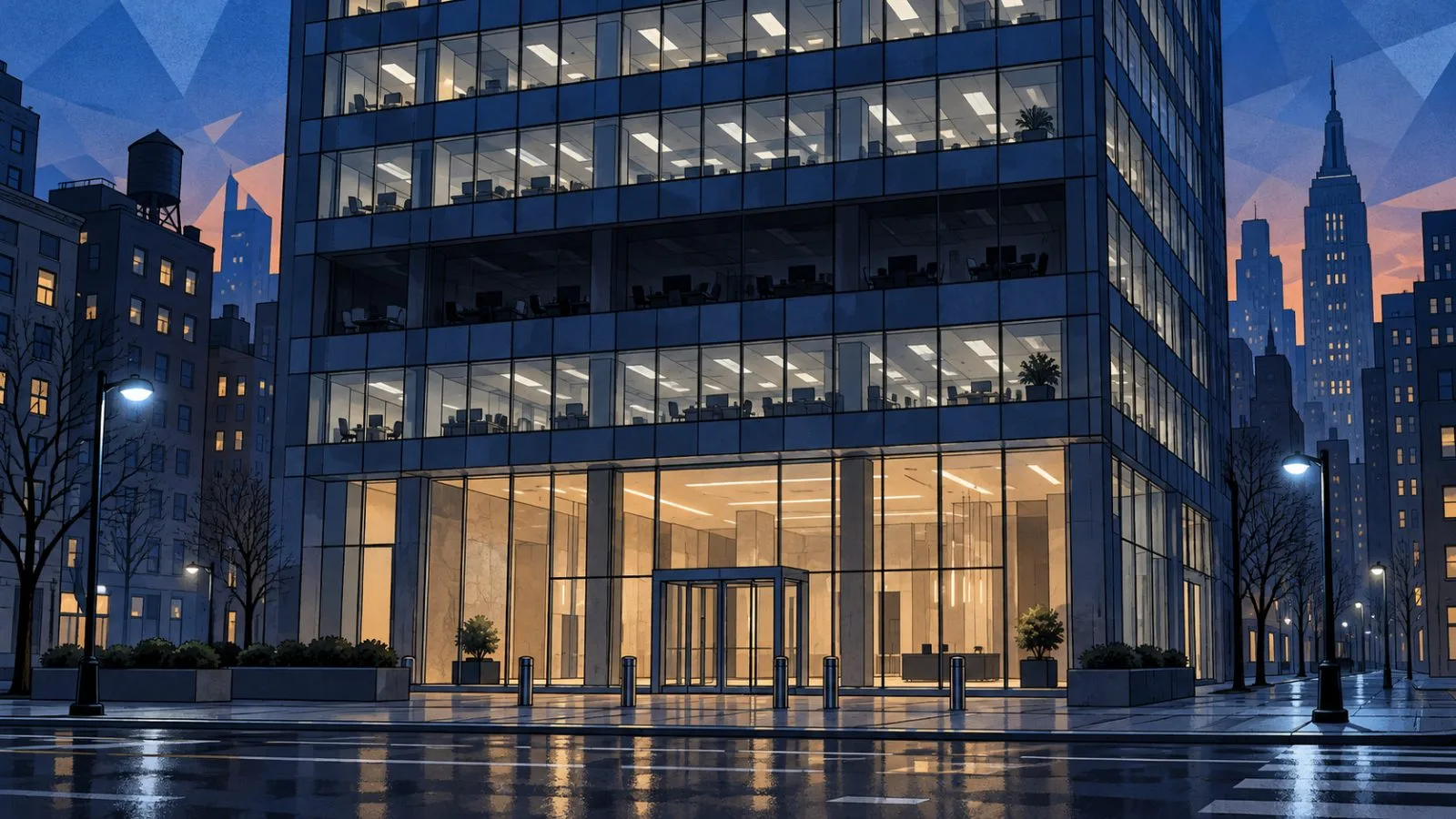 An office tower with one darkened newsroom floor at dusk / TokenPost.ai