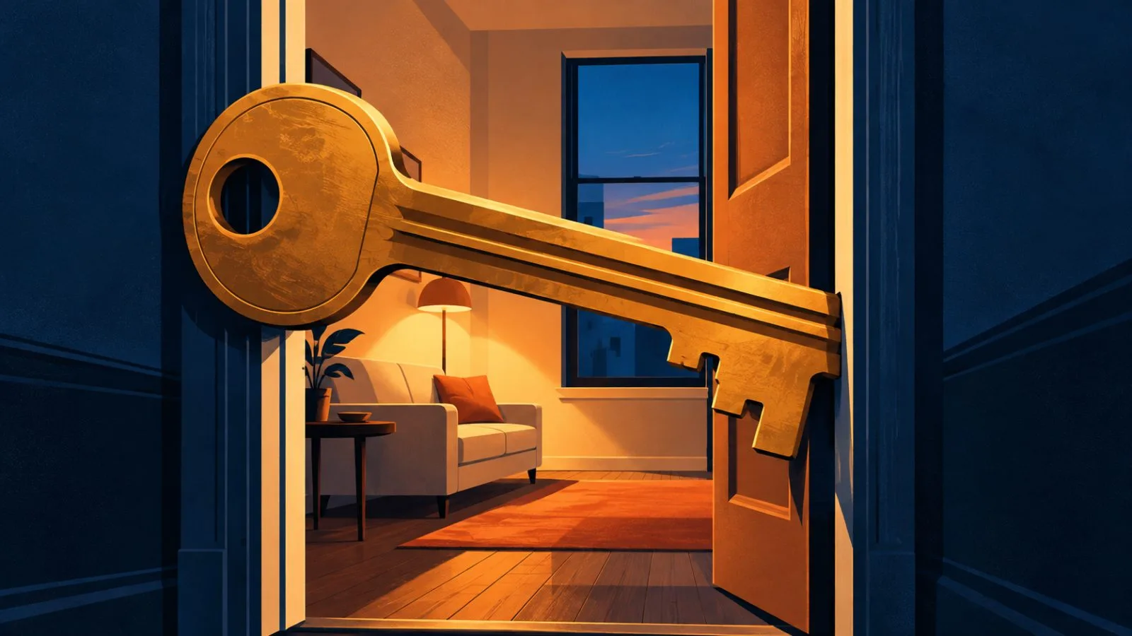 A brass key blocks the doorway of a compact Manhattan apartment / TokenPost.ai