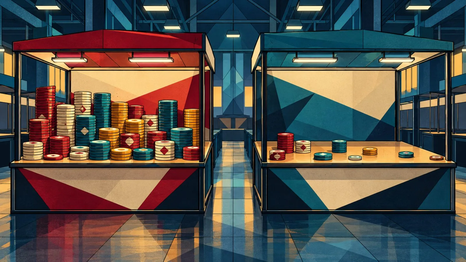 Empty market booths with contrasting stacks of contract tokens / TokenPost.ai