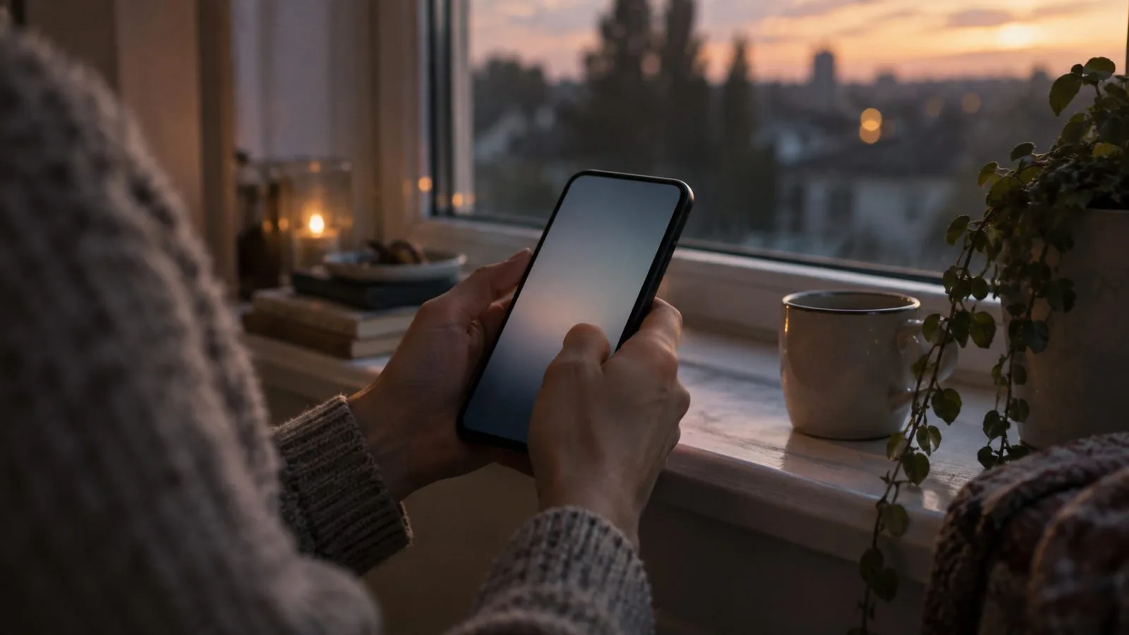 Hands hold a smartphone beside a quiet home window / TokenPost.ai