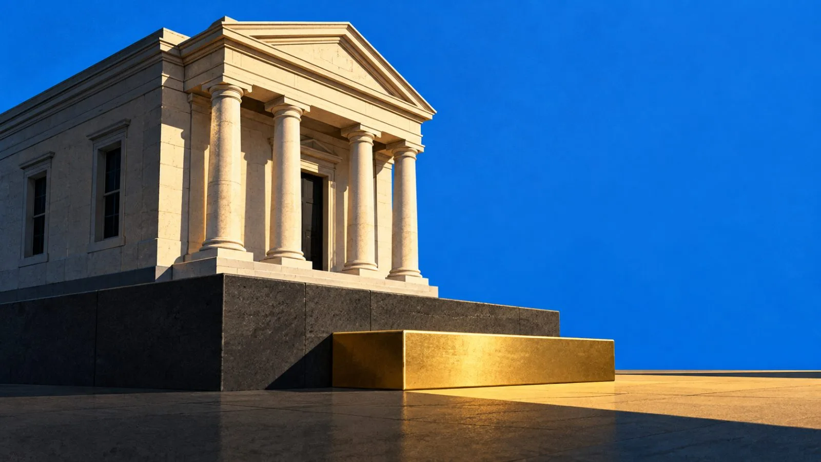 A miniature stone bank building beside a raised brass step / TokenPost.ai