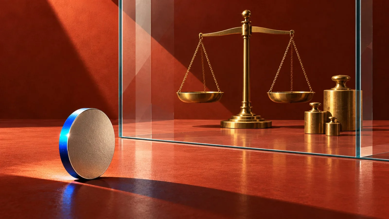 A metal token sits apart from a brass balance scale. / TokenPost.ai