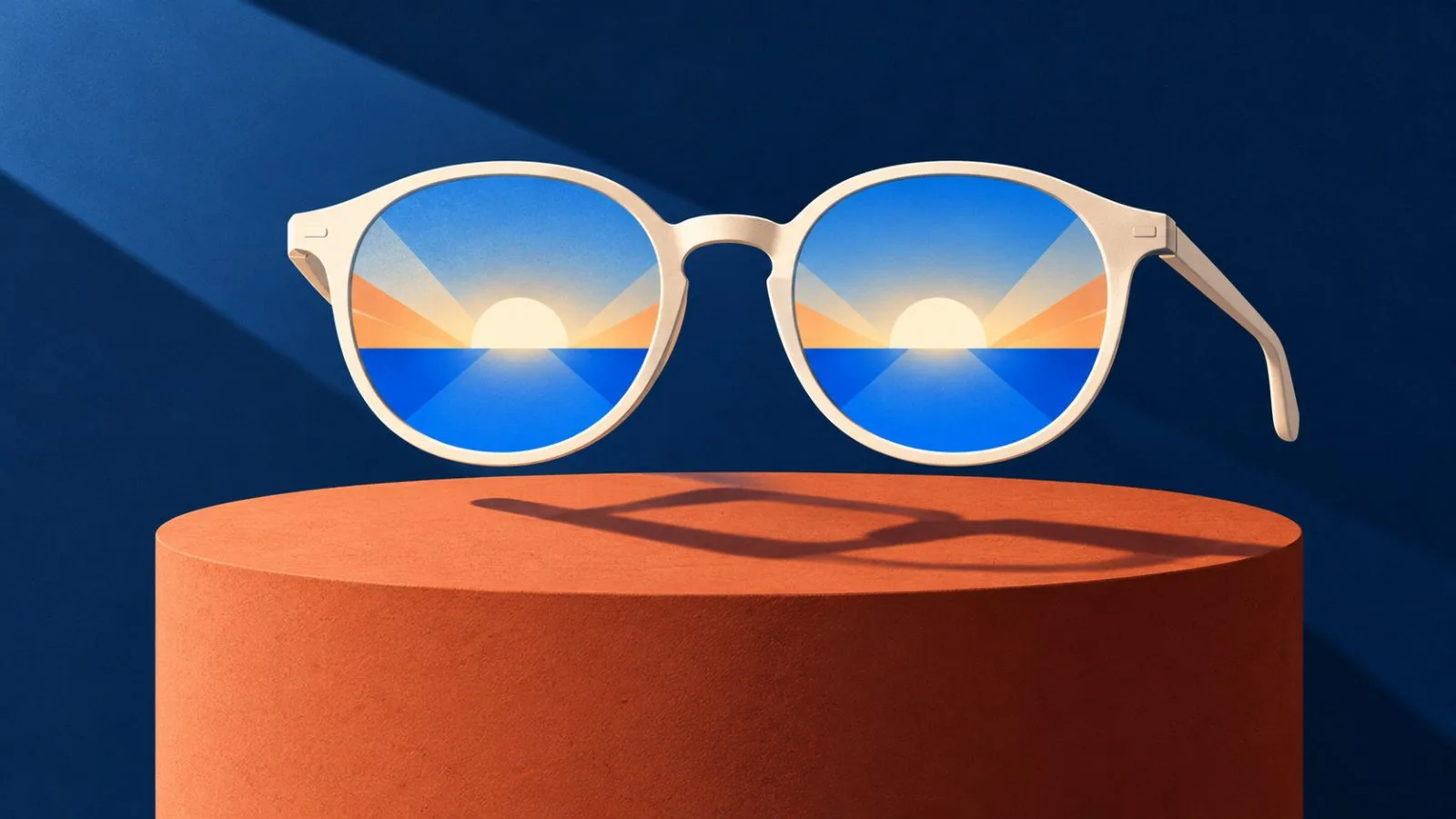 Unbranded glasses sit raised above a terracotta plinth / TokenPost.ai