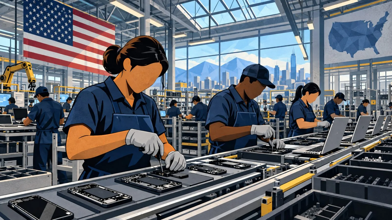 Workers assemble smartphones and laptops inside a bright electronics plant / TokenPost.ai