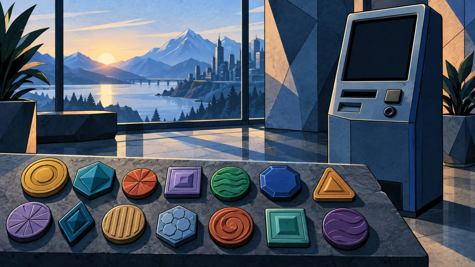 Unmarked token plaques removed from a glass exchange display / TokenPost.ai