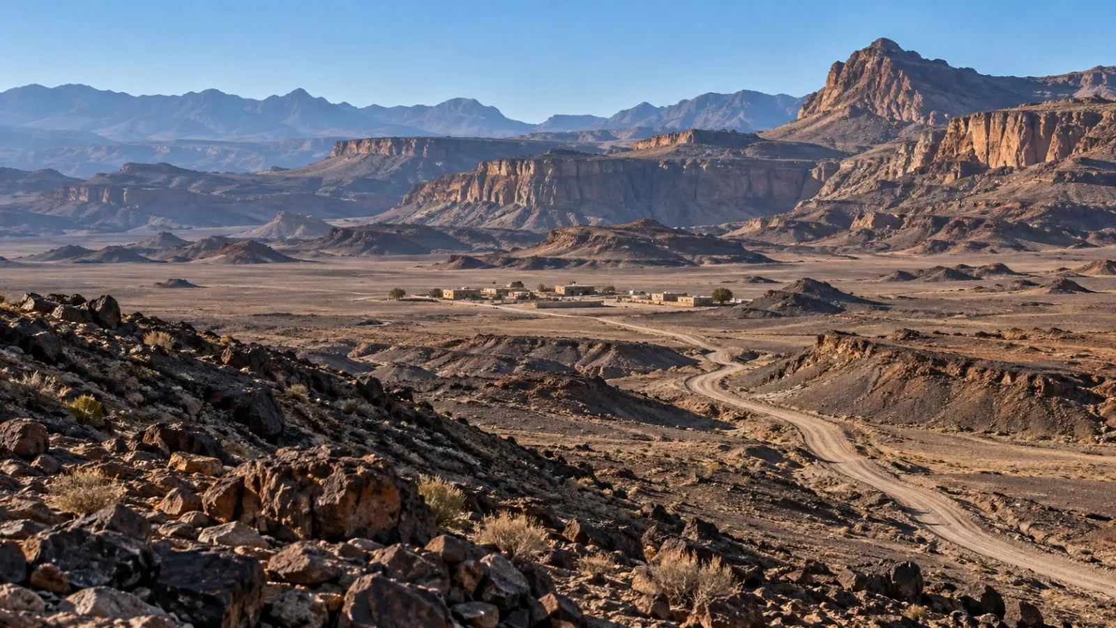 A low camp sits beyond a dusty track in rugged terrain / TokenPost.ai