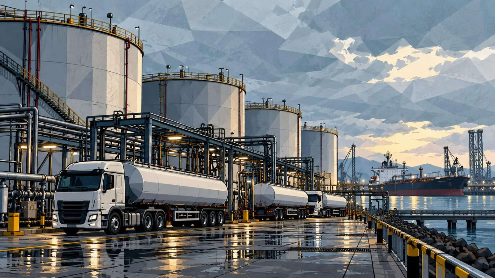 Diesel tankers parked beside industrial fuel storage tanks / TokenPost.ai