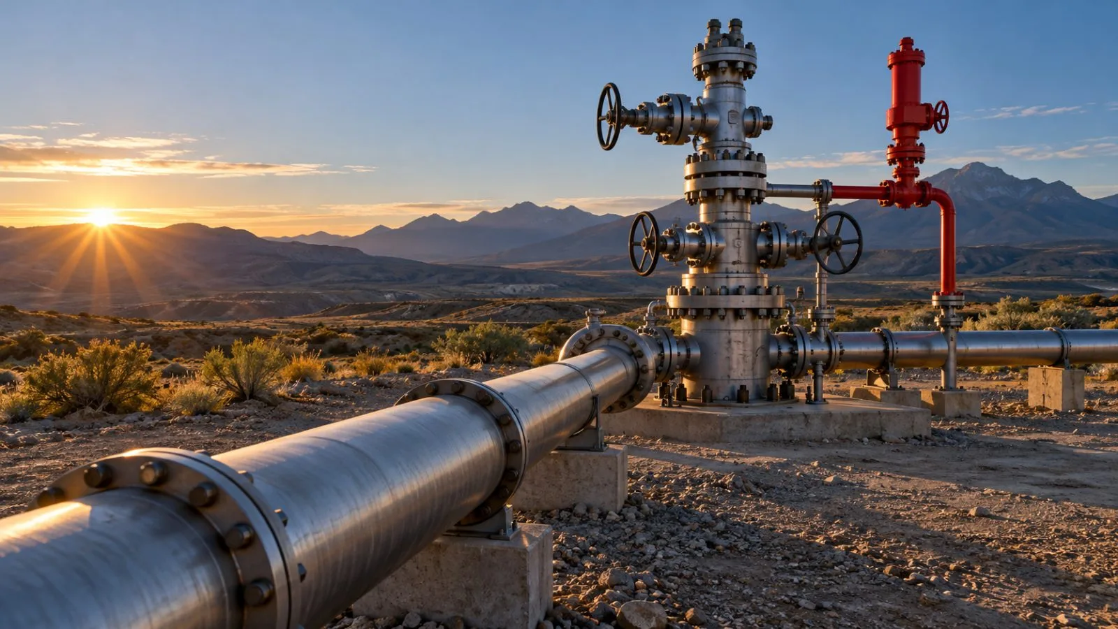 A gas wellhead and pipeline in pale morning light / TokenPost.ai