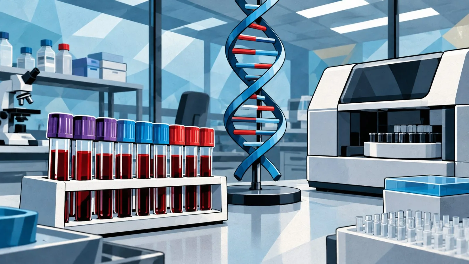 Blood samples and a DNA model beside a clinical analyzer / TokenPost.ai