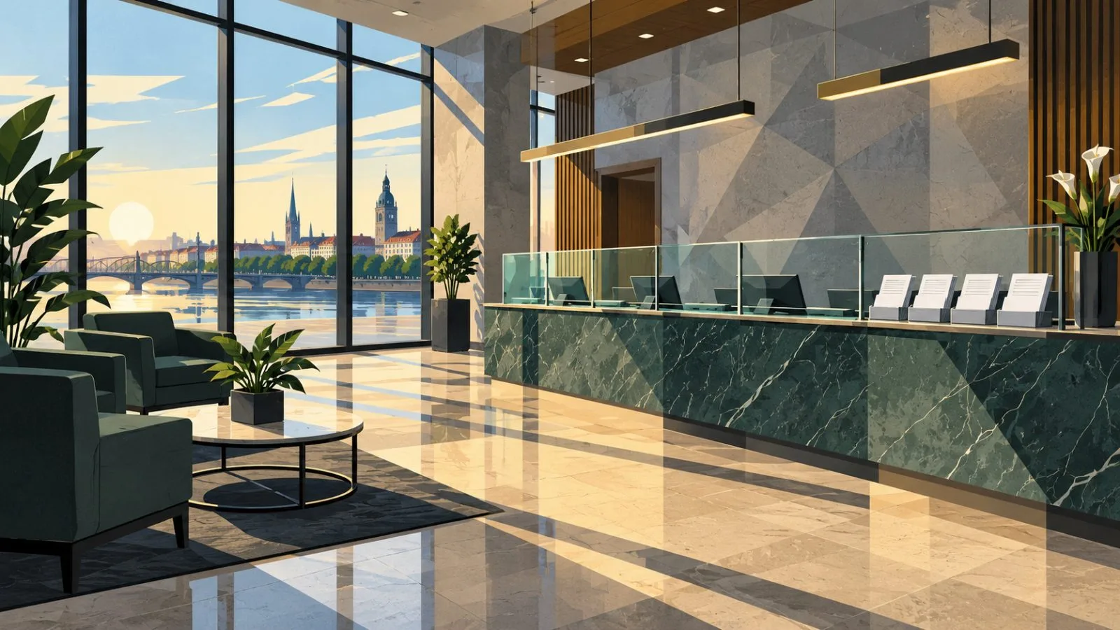 A quiet financial institution lobby with a glass service counter / TokenPost.ai