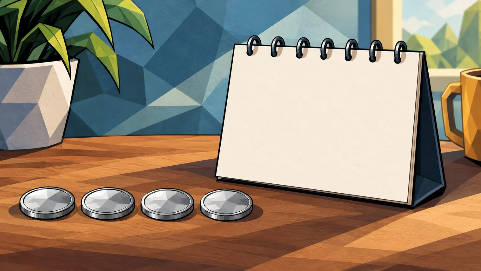 Four silver tokens beside a calendar page under soft studio light / TokenPost.ai