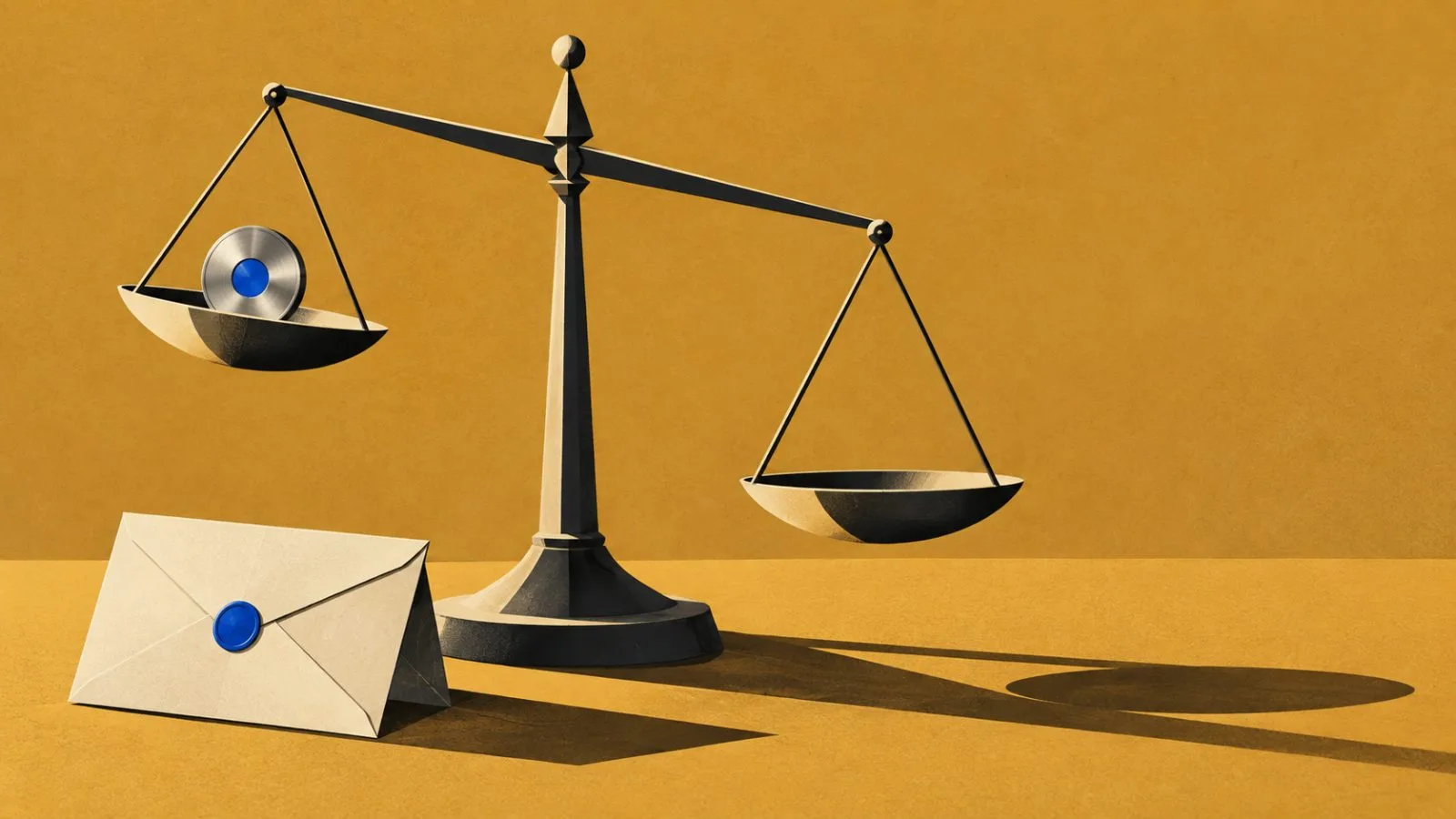 A steel medallion tips a balance beside a sealed envelope / TokenPost.ai