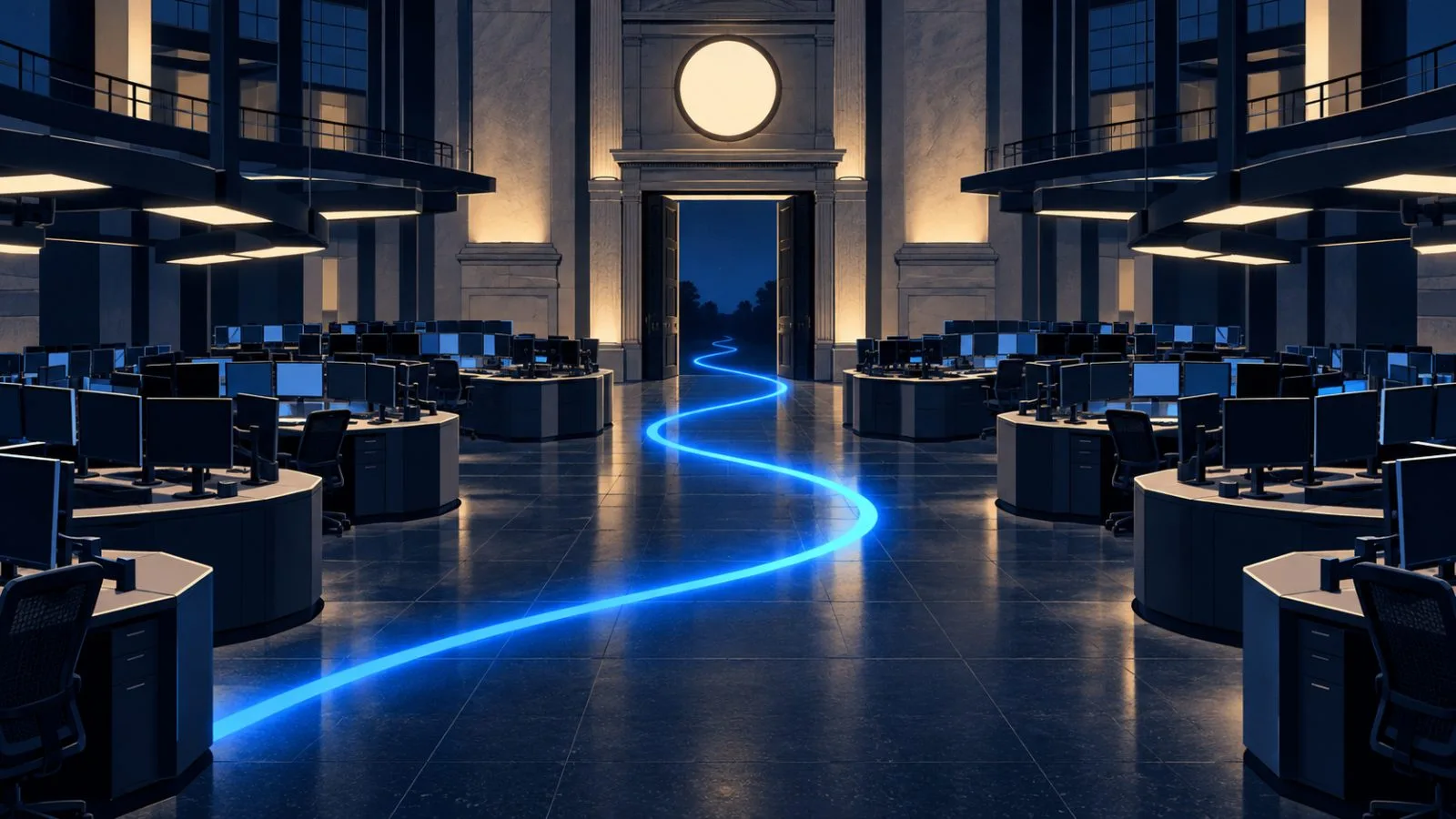 An empty exchange floor under a lit clock after midnight / TokenPost.ai