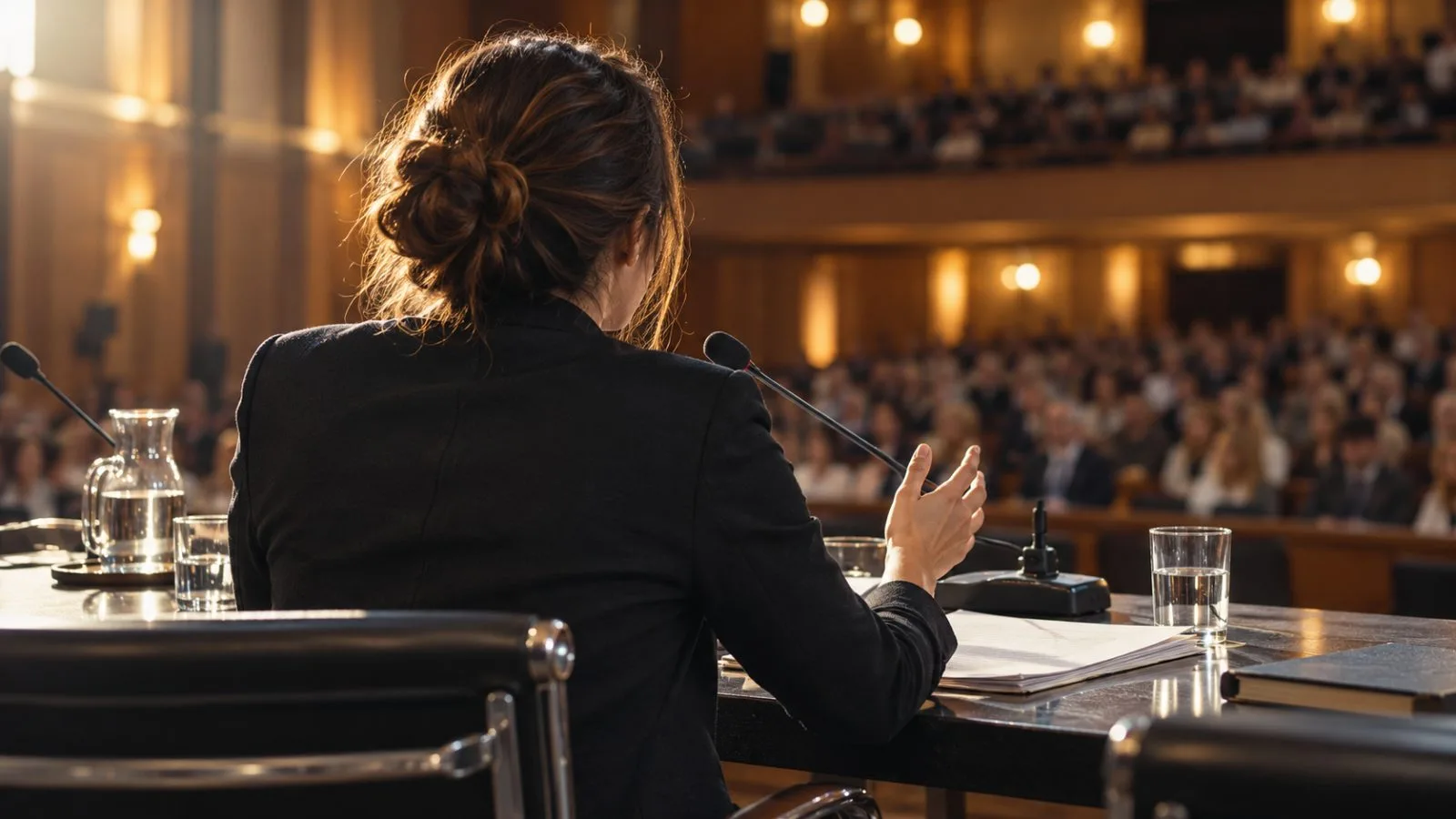 A panelist speaks at a conference table under warm auditorium lights / TokenPost.ai