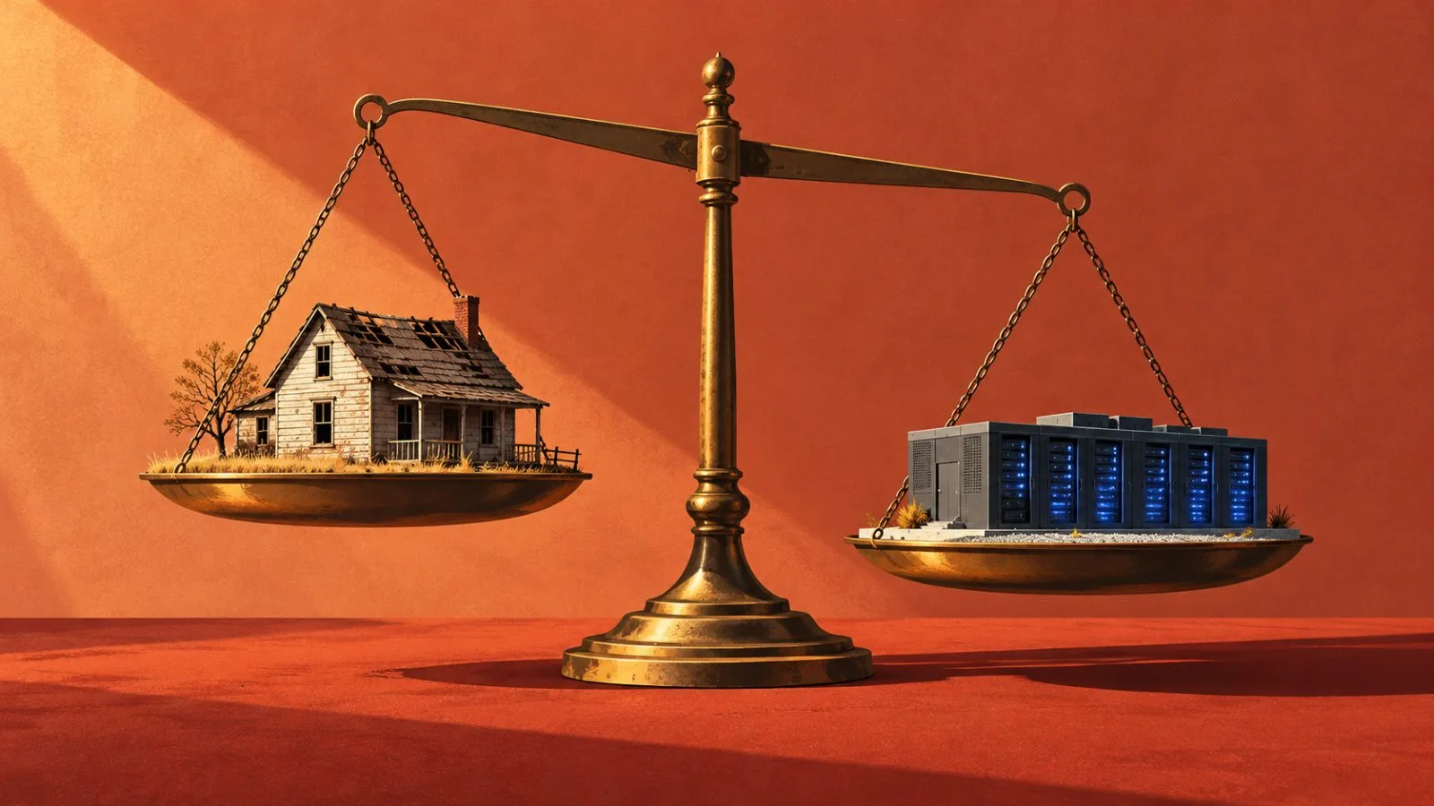 A weathered farmhouse model sits beside a data center model. / TokenPost.ai