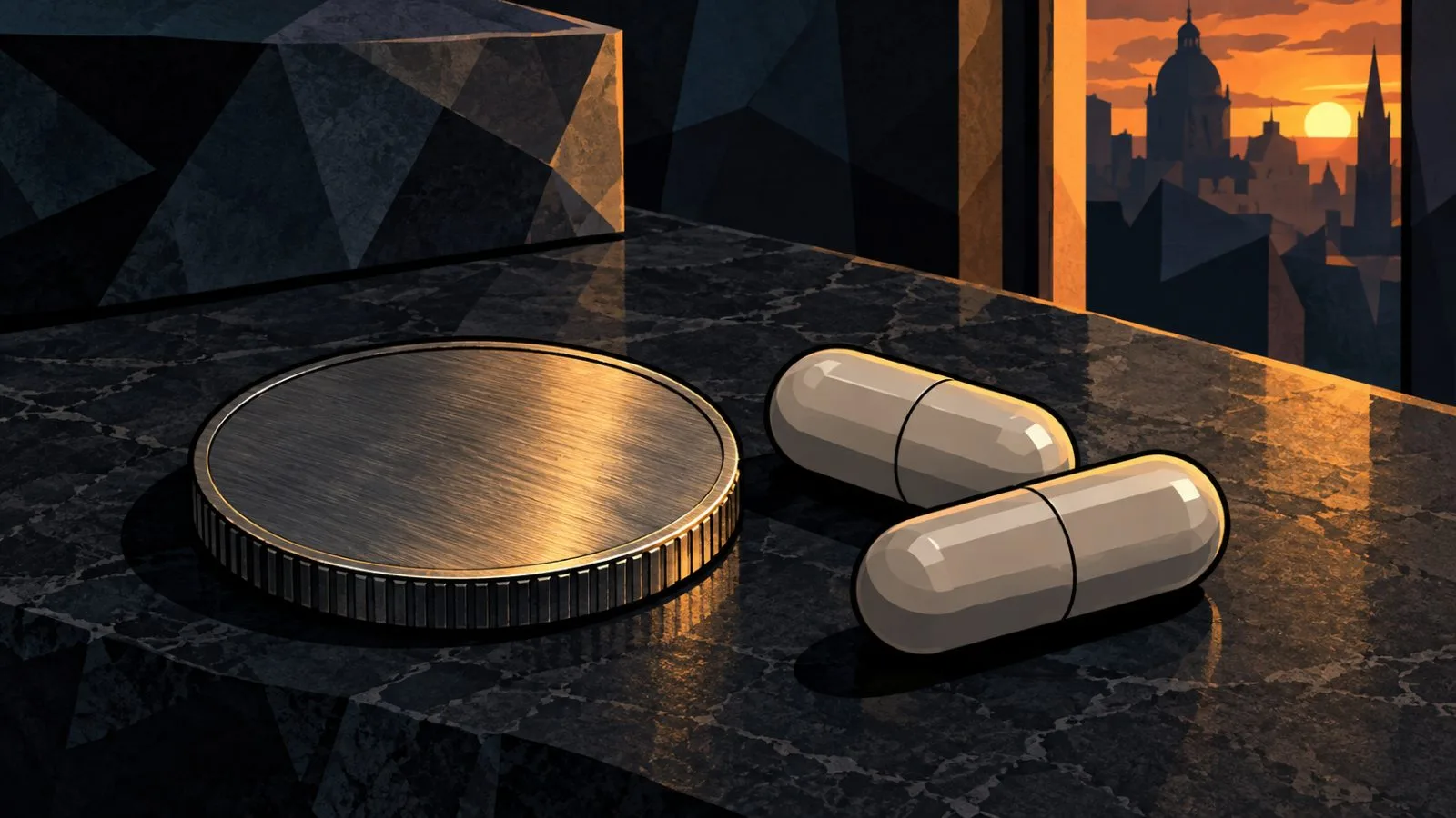 Brushed metal coin beside two sealed capsules on stone / TokenPost.ai