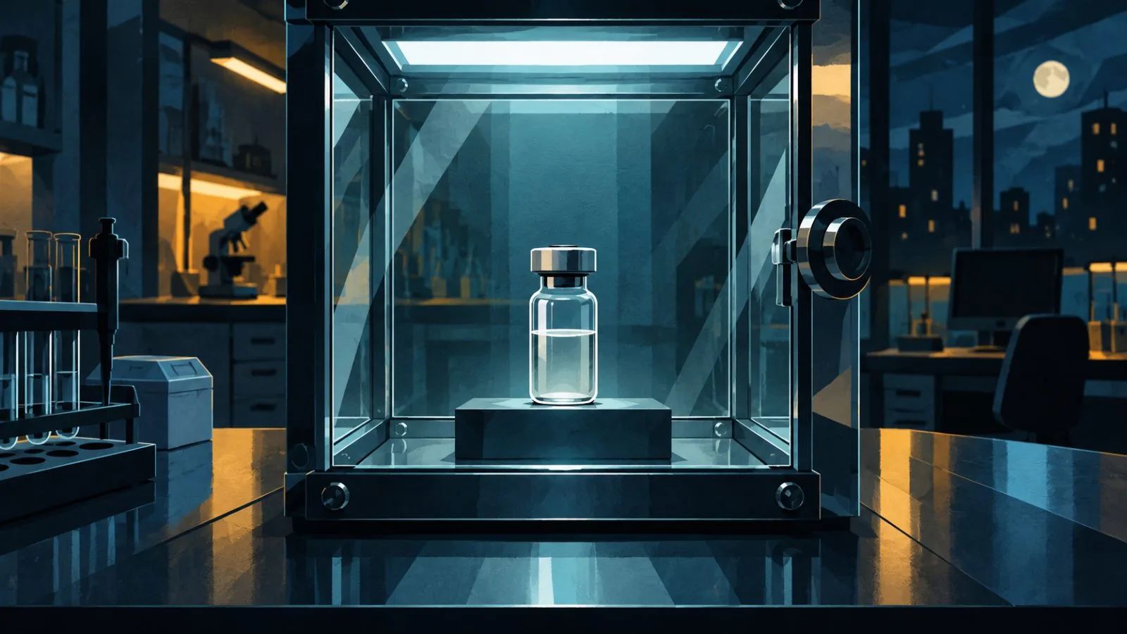 A sealed glass vial sits inside a brightly lit laboratory chamber / TokenPost.ai