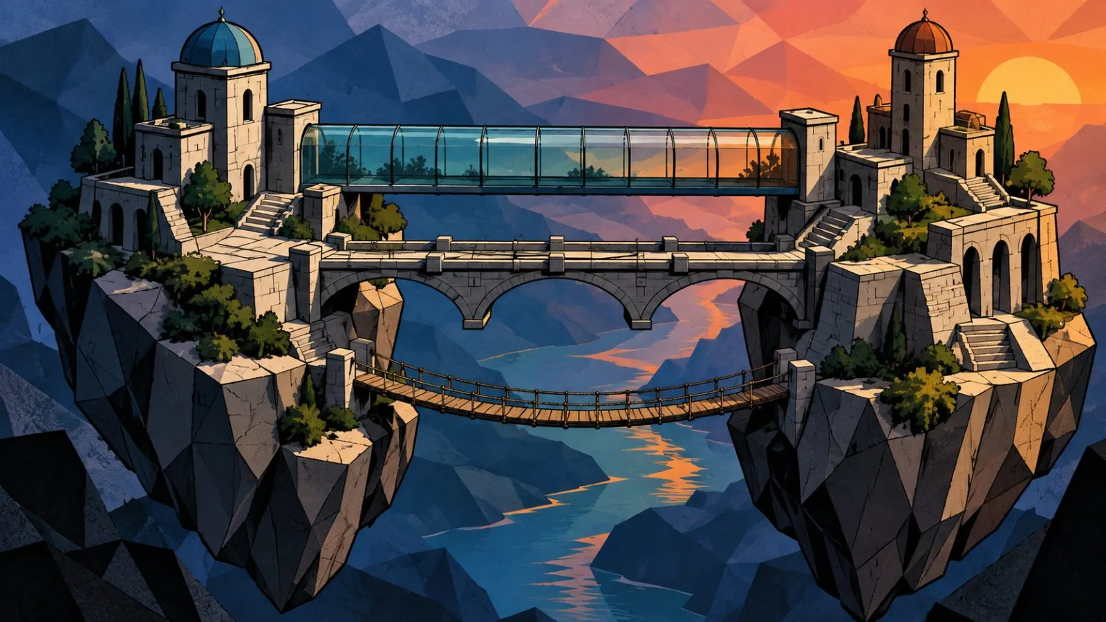 Miniature bridges connect separate platforms under soft evening light / TokenPost.ai