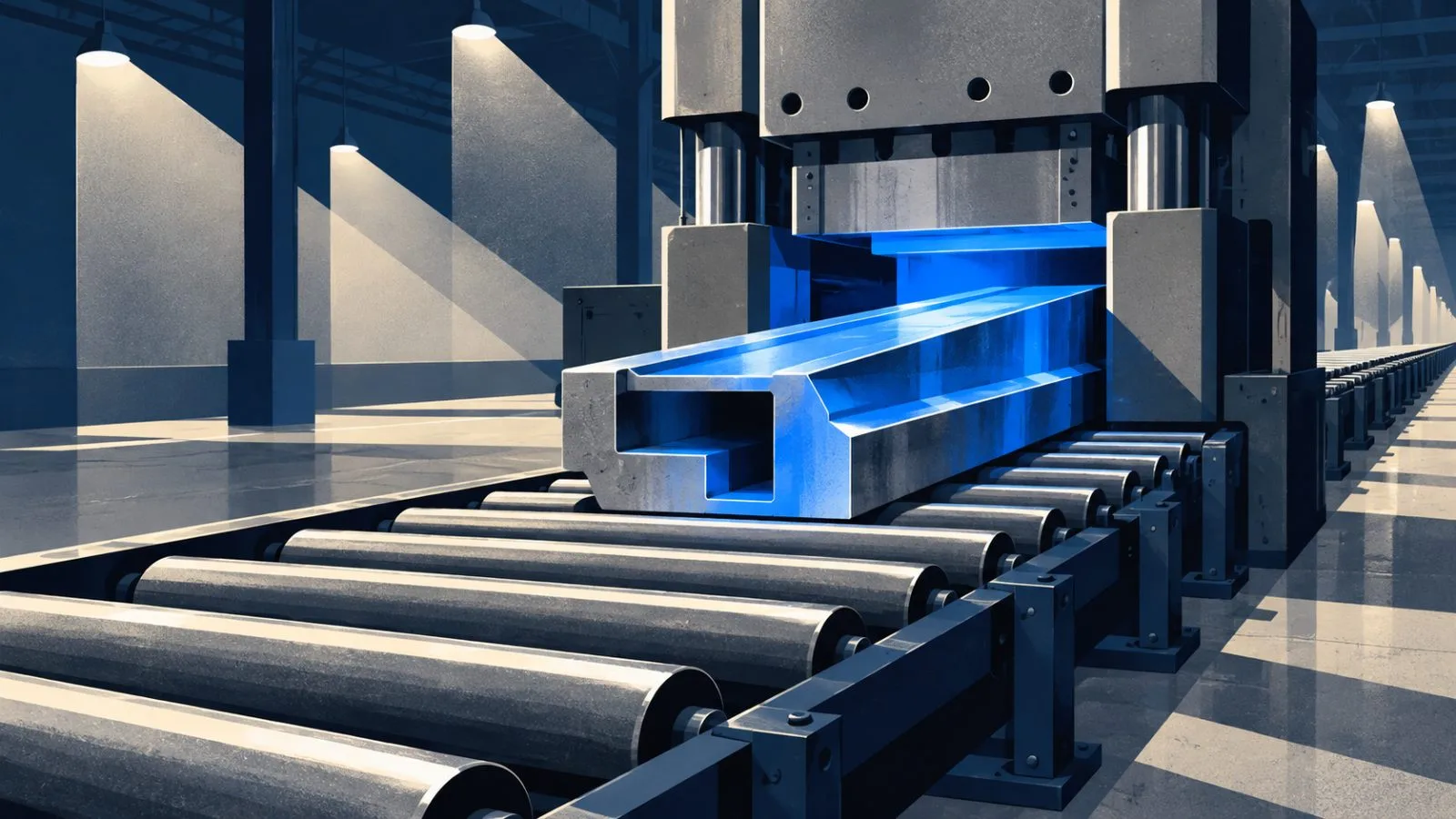 A steel component advances through a press beneath overhead lights / TokenPost.ai