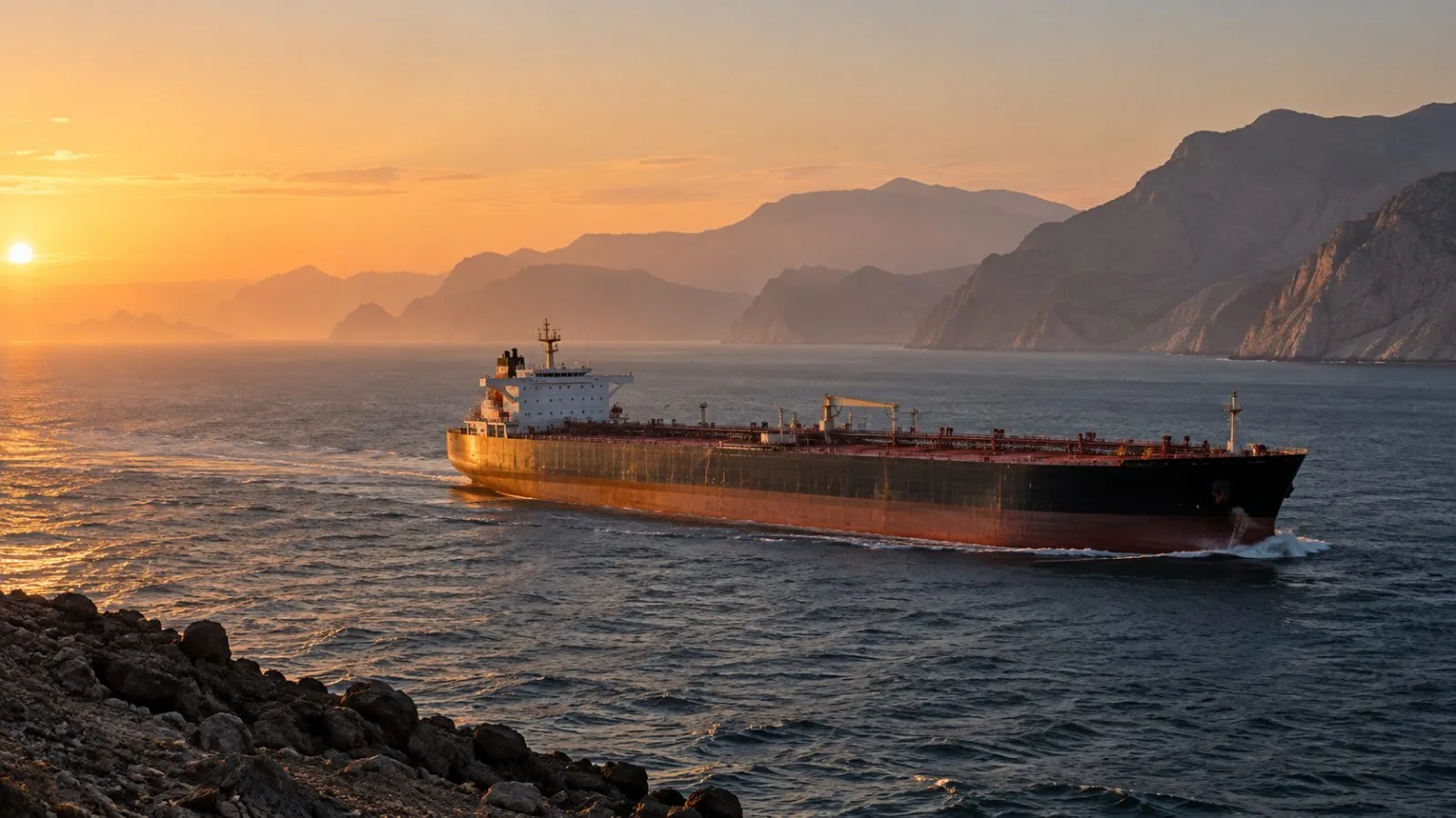 A lone oil tanker crosses dark water at dawn. / TokenPost.ai