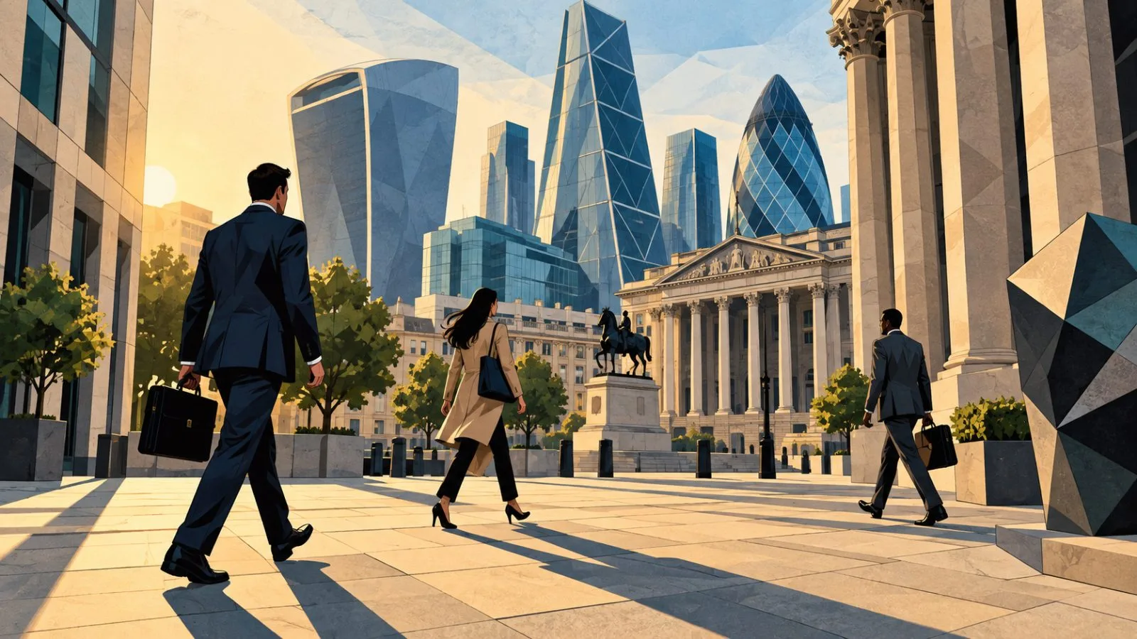 Anonymous figures cross a sunlit plaza between modern financial district buildings / TokenPost.ai